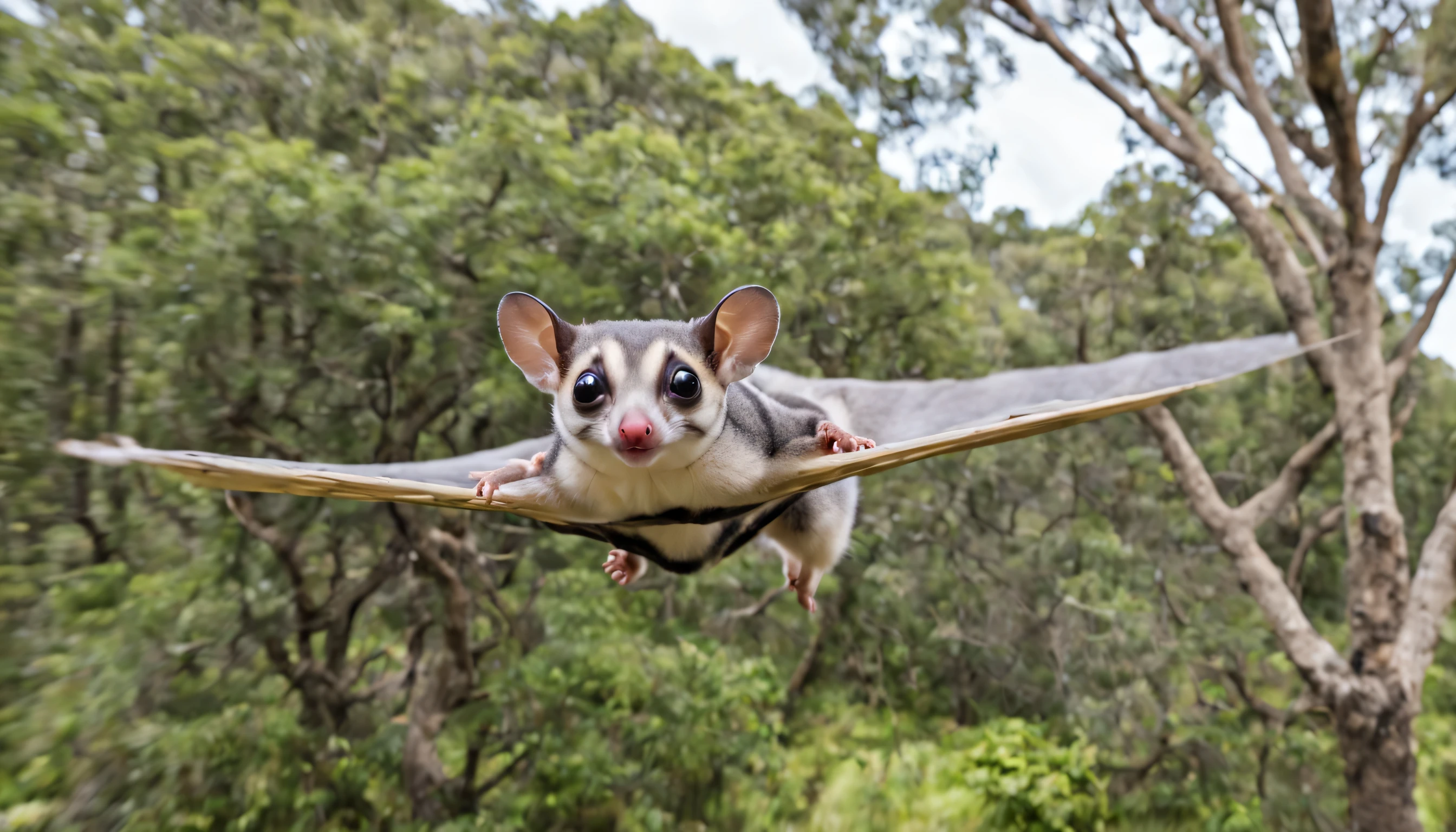 a sugar glider is flying, with trees in the background, and the camera is in focus