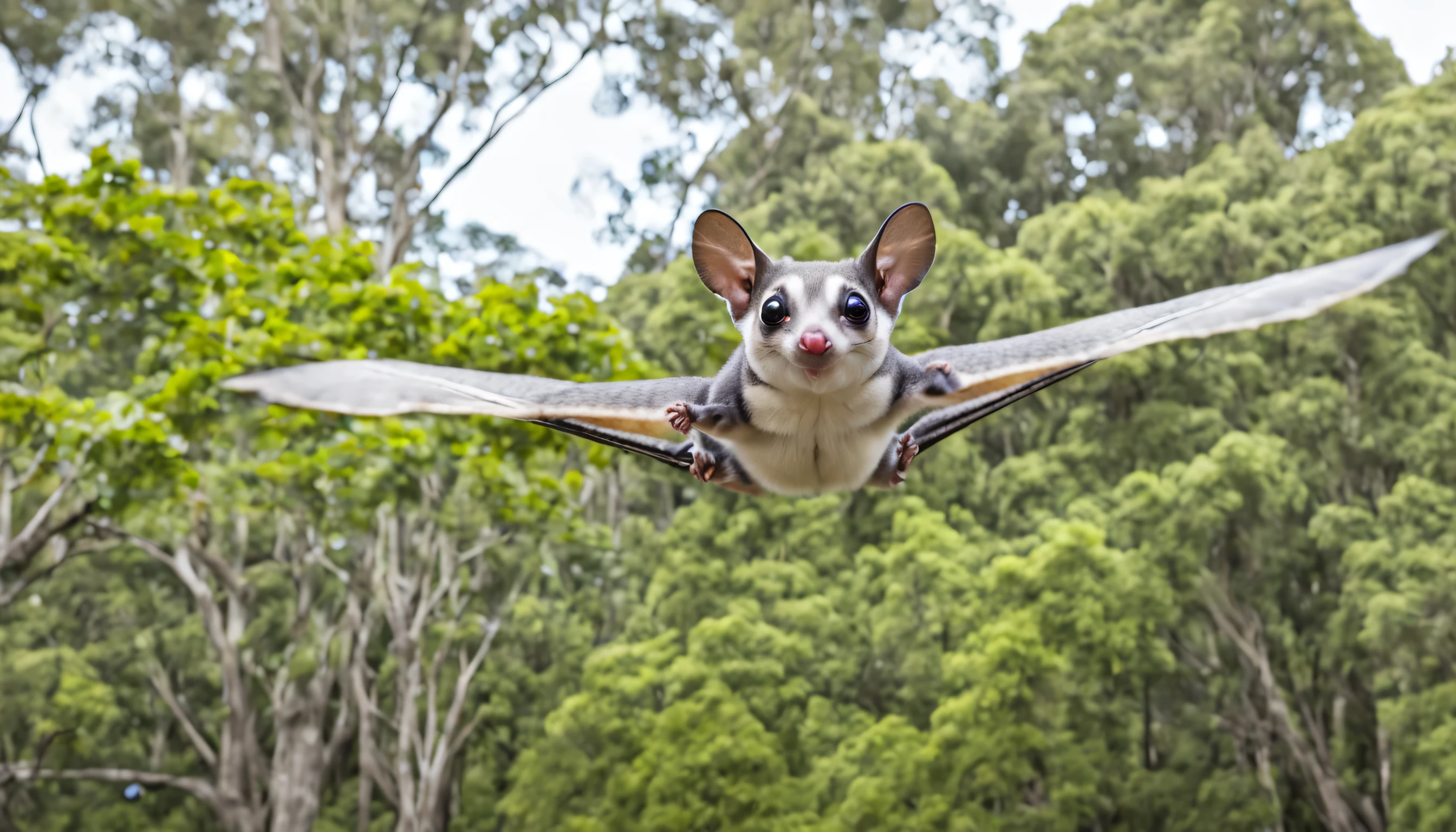 a sugar glider is flying, with trees in the background, and the camera is in focus