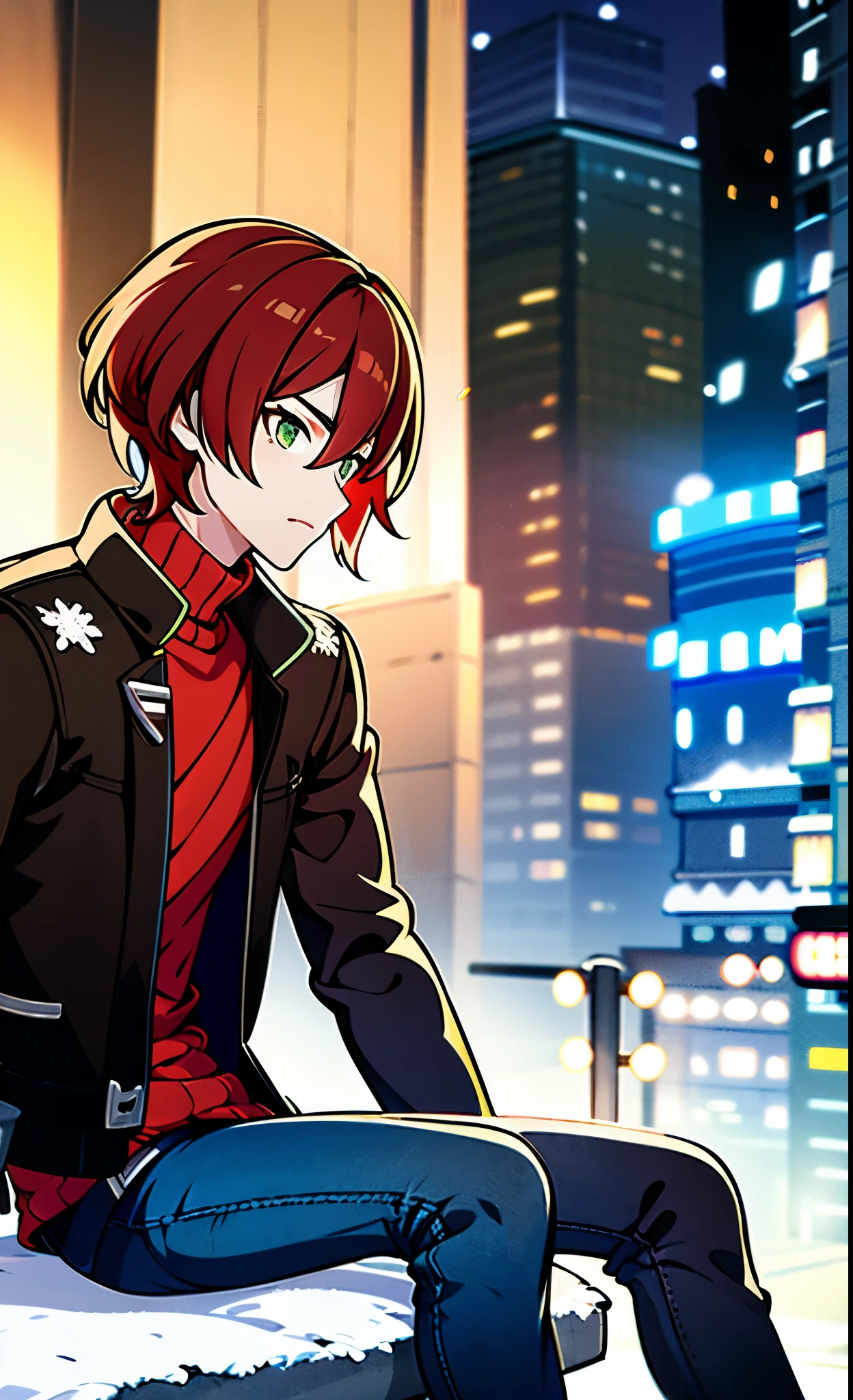(high quality, highres:1.2), 1 boy, short hair, red hair, green eyes, bandaged hand, turtleneck, jeans pant, jacket, knee-high boots, hesitant expression, snow, city background, soft lighting, sitting, holding cigarette between fingers