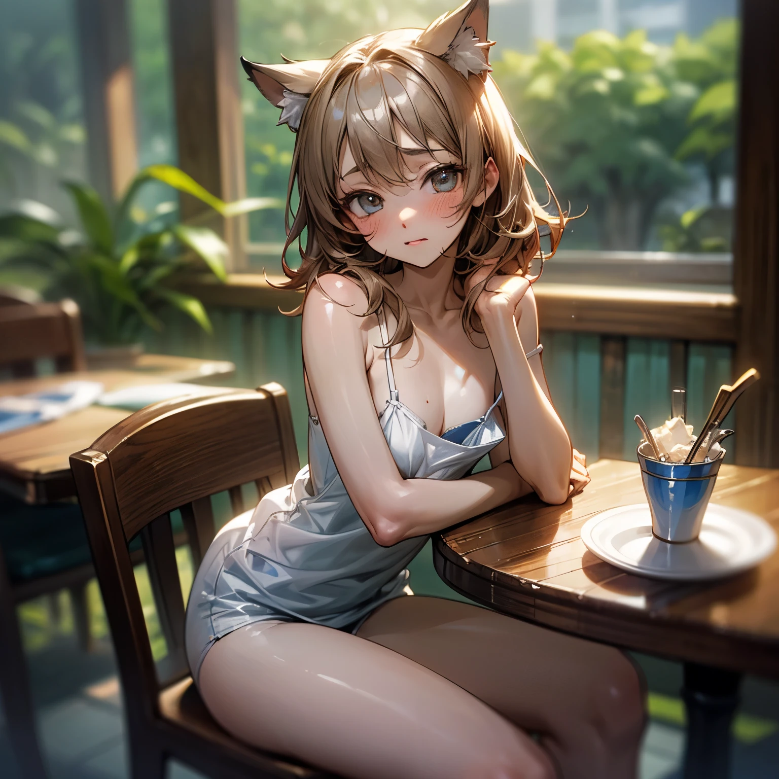 ((Masterpiece)), (Anime:1.5), ((best quality)), (RAW photo:1.2), (High Definition:1.3), (Professional Photography:1.2), (chromatic aberration), Textured skin, cinematic lighting, (()), wide shot, cat ears, pale brown hair, ((flustered)), Cute Beautiful girl, BREAK, ((best quality)), (Glossy lips), Textured skin, medium hair, unruly hair, (slightly exposed small breast), ragged camisole, ((wearing dirty white camisole)), Cute panties, Slender body, small breasts, ((Cheek cane on dirty restaurant table)), (sitting a chair), botanical garden,