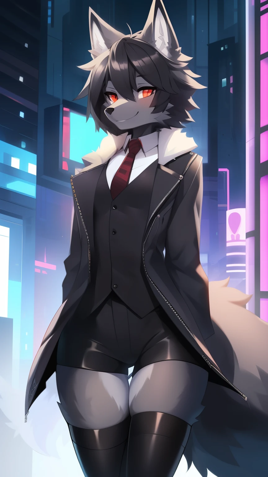 Best quality, Super detailed illustration, (fluffy wolf boy:1.4), (matte black fur color:1.4), feminine face and body, disheveled thick hair, cyberpunk clothing, dressed in a coat, tie ,short shorts, Tight stockings, shy smile, Femboy, small waist, wide hips, Slim, Perfect body, long demon tail