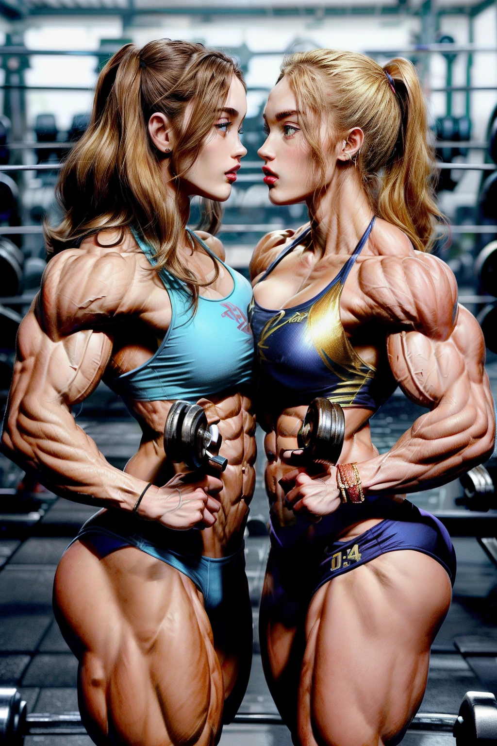 (2 girls body builders:1.6), ((masterpiece)), best quality, ultra-detailed:1.7, finely detail, high resolution:1.6, perfect dynamic composition, beautiful detailed faces:1.77, blonde babes:1.88, perfect pink lipstick, blue eyes, perfect makeup:1.8, short bikini , extra large breasts:1.4, lovely look:1.7, gorgeous face:1.6, defined muscles:1.4, beautiful faces:1.8, alessandra ambrossio, izabel goulart, Kate Upton, Gigi Hadid, candice swanpoel ,popped out dense veins on muscles:1.8, hyper detailed picture:1.4, 8k resolution: 1.7, flex muscles:1.3, hyper muscular body shape:1.42, photorealistic:1.5, realistic:1.6, face masterpiece:1.74, good and professional lighting on picture:1.38, Ukrainian-Australian muscle beauty goddess, masterpiece 25 years old Ariana Grande and Megan Fox as bodybuilders, extremely high resolution, hyper feminine beauty , hyper realistic texture , hyper muscularity, hyper vascularity, ripped body shape, ripped sexy ass with bikini, muscular ass , topless, kissing, good face details, hyper face detailing, doing sex, very detailed muscle fibres, sexy french kiss, romantic, romantic moment, serious muscle posing, hard muscular ass, ass muscle fibres, super unique beauty, ginger and blonde barbie face females