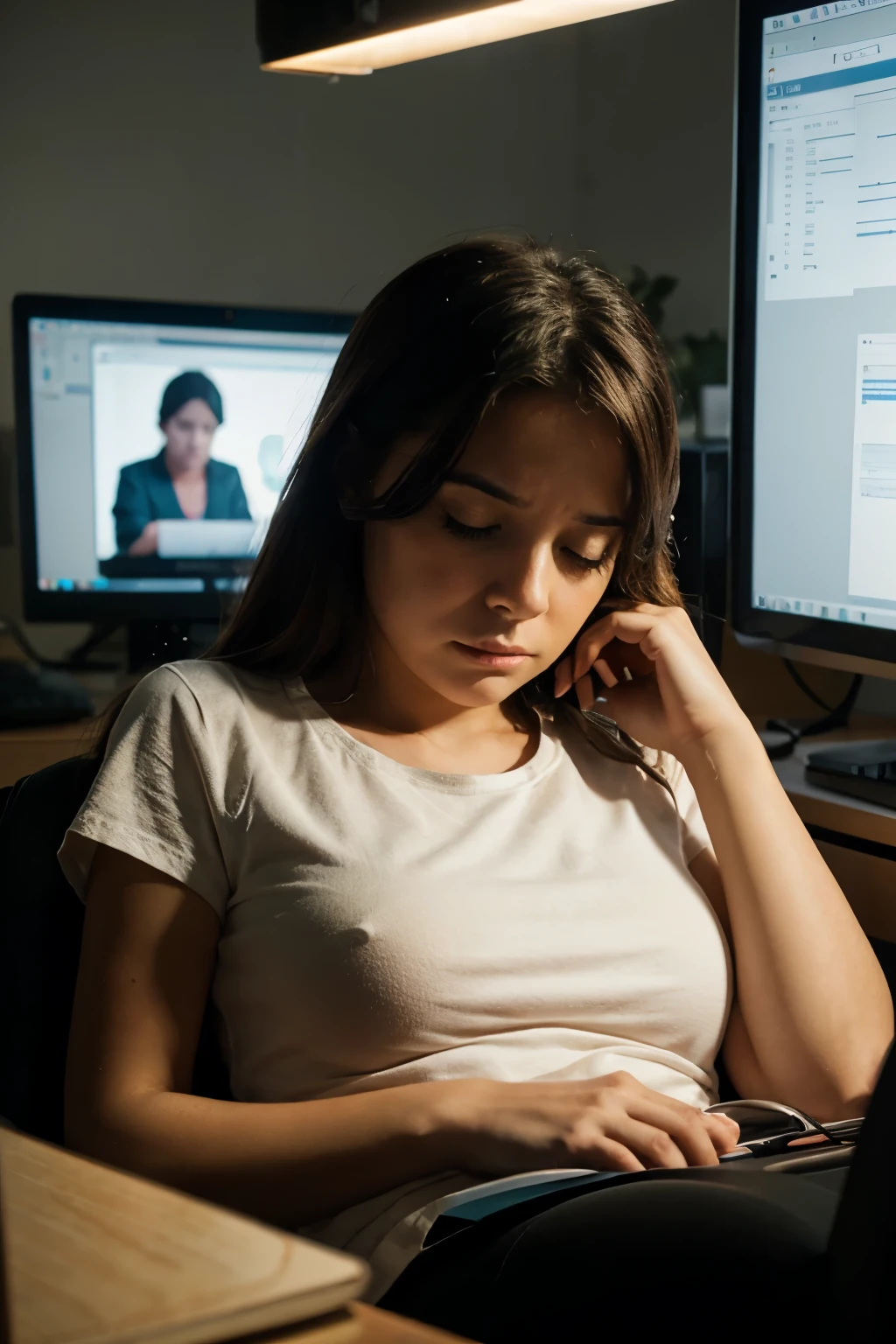 Create an image of a tired woman in front of the computer