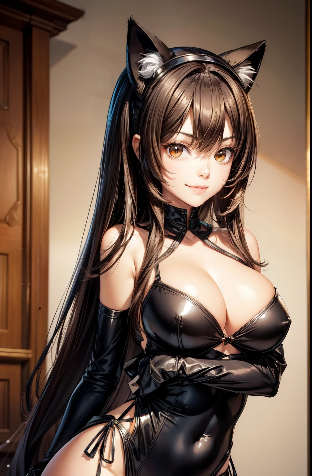 very young slim fit girl, full height, rounded face, very long disheveled dark brown hair, big brown eyes, sluty smile, perfect flat breast, band on head with fake cat ears, sashagrey