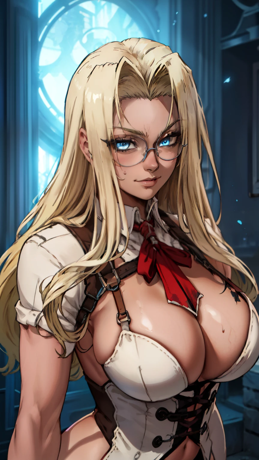 (masterpiece, highest quality, best quality, official art, beautiful and aesthetic: 1.2), (1girl), extremely detailed, (fractal art: 1.3), highest detailed, perfect face, upper body, HDR, ), vivid visual effects, (dynamic stripes, luminous traces: 1.2), long blonde hair, hellsing, integra, breast focus, breasts, large breasts, bare breasts, naked, nude, boob window, sexy, wide hips, thicc figure, Detailed blue eyes, Detailed face, Detailed eyes