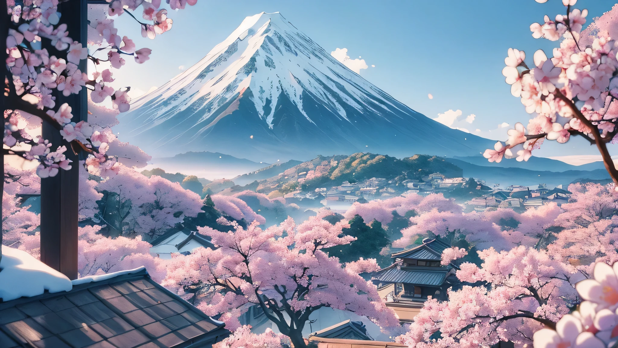 From the window you can see the mountain scenery with cherry blossoms in full bloom.., anime background art, anime art wallpaper 4k, anime art wallpaper 4k, anime background, anime scenery wallpaper, beautiful anime scenery, anime art wallpaper 8k, anime wallpaper 4k, anime wallpaper 4k, mount fuji background, anime scenery, anime scenery, Beautiful peace scene in anime