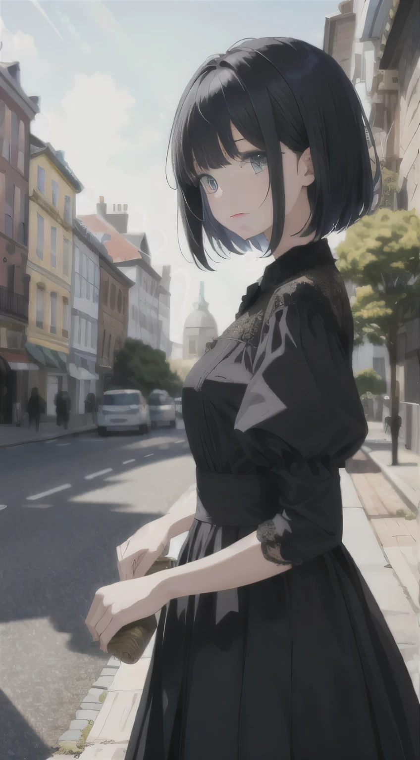 In this extraordinary masterpiece of anime, we are presented with a mesmerizing scene featuring a young girl with short black hair and charming bangs. The vivid blue sky serves as a breathtaking backdrop, perfectly accentuating the beauty of the girl's surroundings. As she stands alone, dressed in a lovely dress with short sleeves, her gaze captivates the viewer, inviting them to explore the enchanting cityscape before them. The city comes to life with its towering skyscrapers, elegant bridges, and impressive buildings, creating a bustling metropolis that harmoniously coexists with nature. A majestic castle can be seen in the distance, adding a touch of grandeur to the already exceptional scenery. The river flowing gracefully through the town reflects the radiant sunlight, creating
