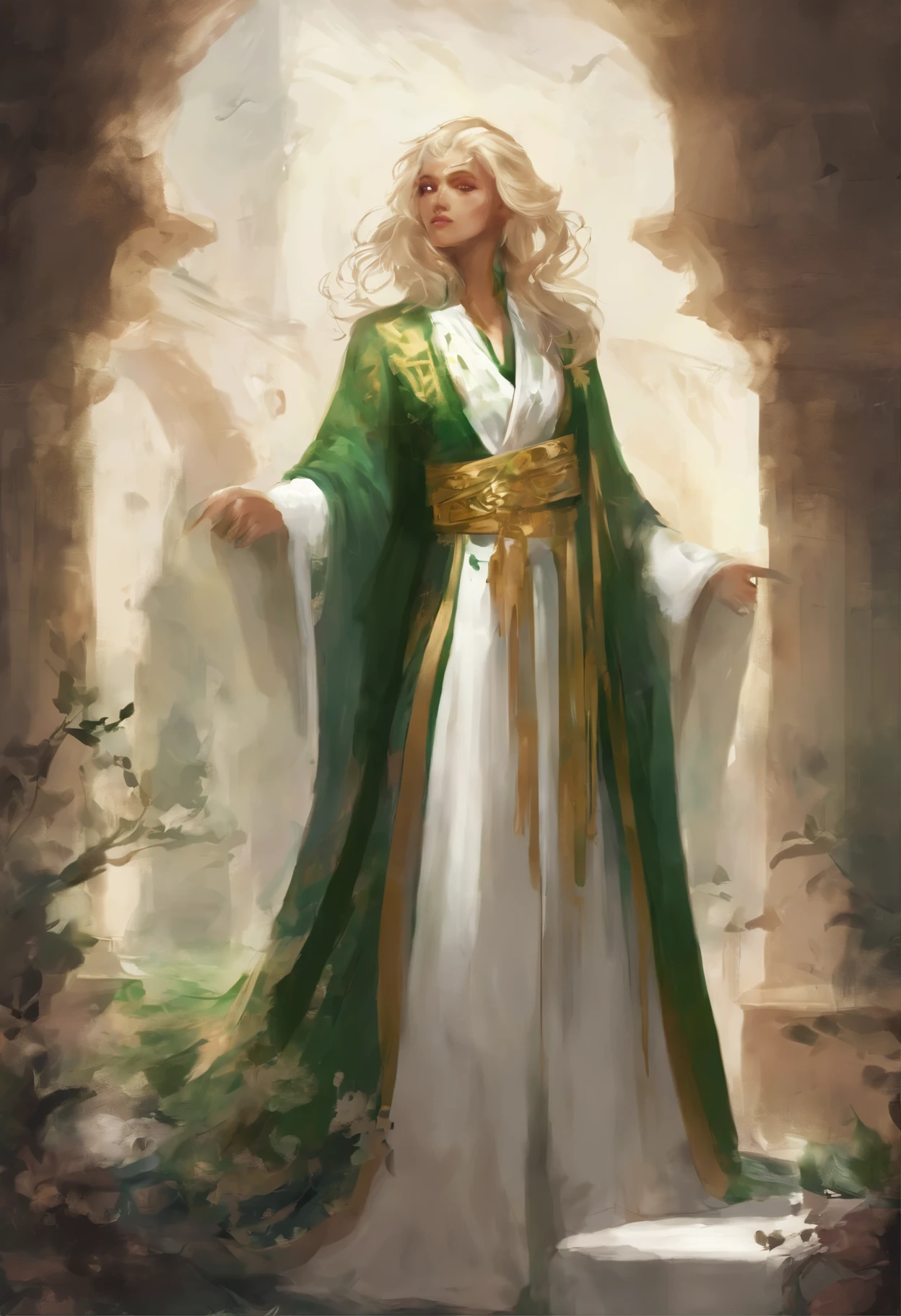 Shy, gutaussehender Mann in Keramikkleidung mit blondem langem Haar, green white golden robe 