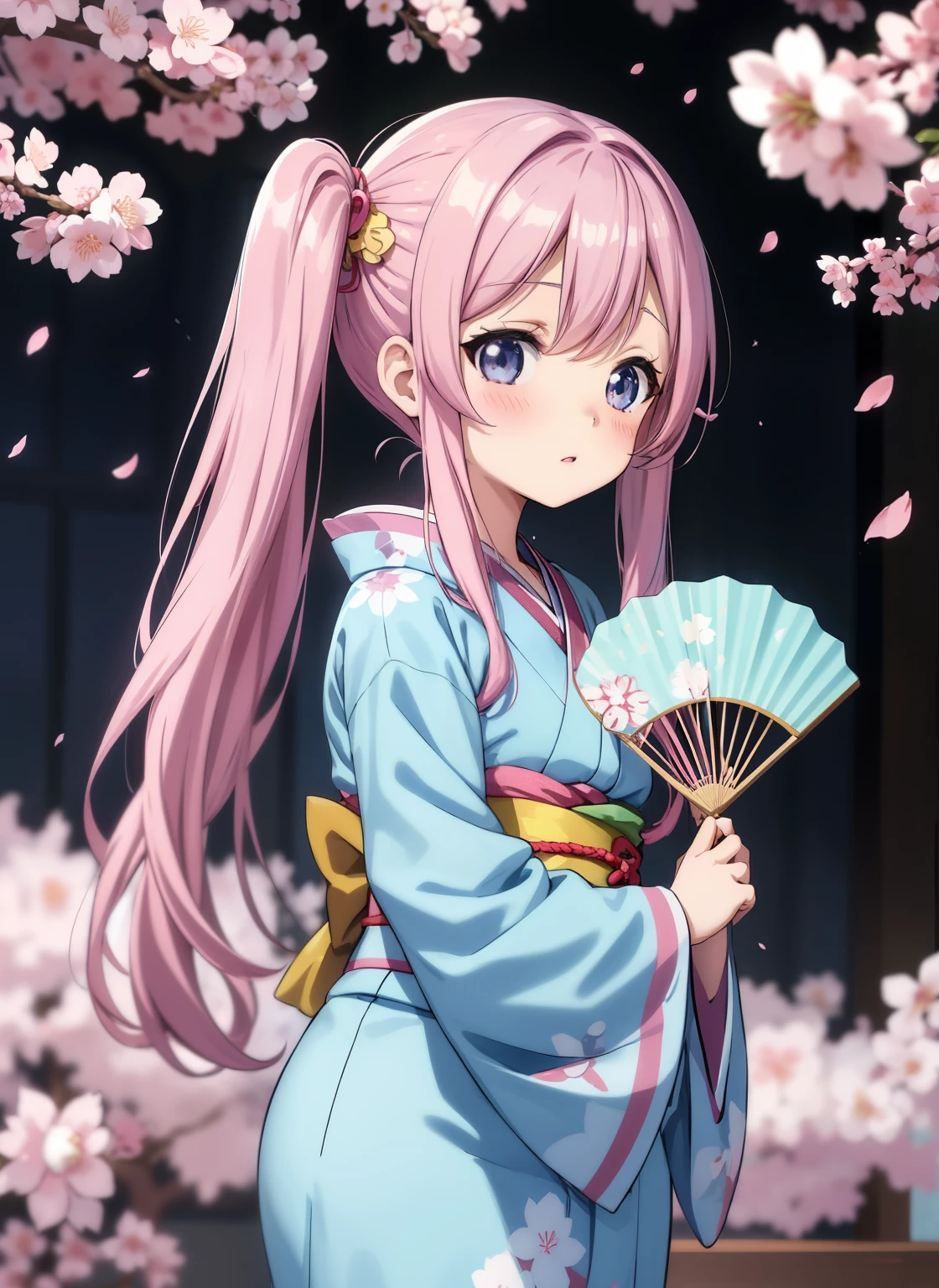 light blue long hair、Cute chibi character in Japanese clothes with twin tails、anime girl in a kimono dress holding a fan and a fan, There are cherry blossom petals around her, cute anime waifu in a nice dress, sakura kinomoto, anime style 4K, cute anime girl, splash art anime , anime! 4K, anime! 4k, anime wallaper, cute anime, hanayamata, from desire