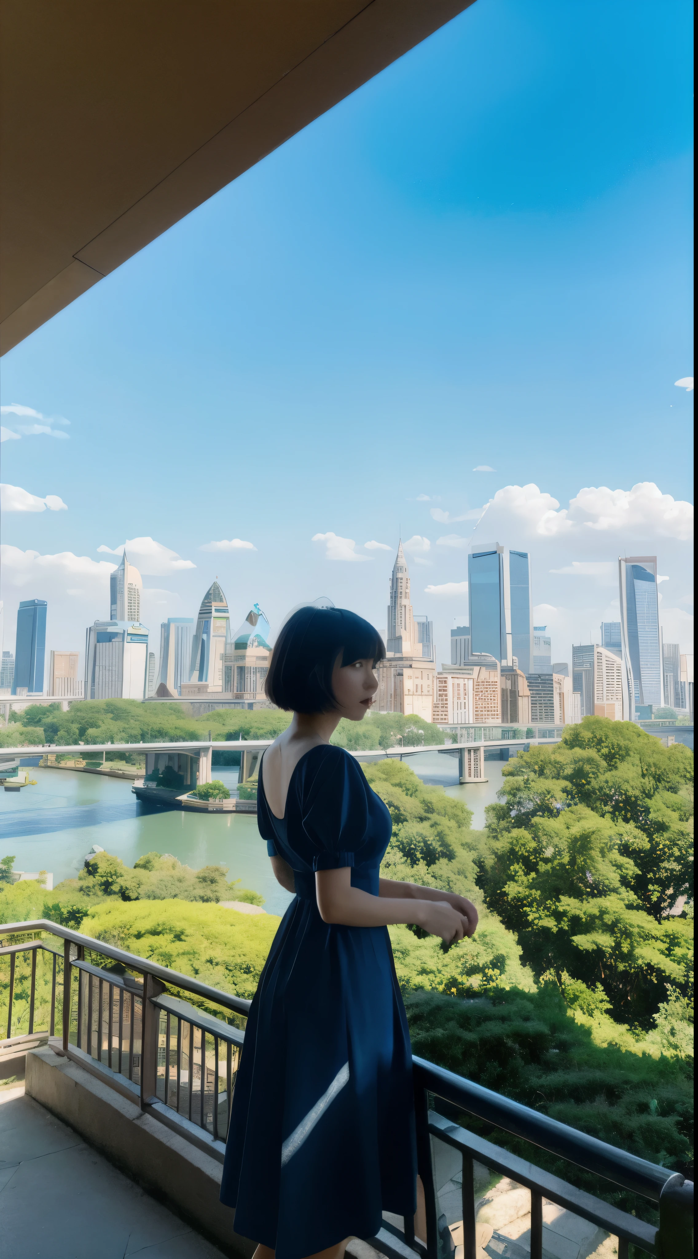 In this extraordinary masterpiece of anime, we are presented with a mesmerizing scene featuring a young girl with short black hair and charming bangs. The vivid blue sky serves as a breathtaking backdrop, perfectly accentuating the beauty of the girl's surroundings. As she stands alone, dressed in a lovely dress with short sleeves, her gaze captivates the viewer, inviting them to explore the enchanting cityscape before them. The city comes to life with its towering skyscrapers, elegant bridges, and impressive buildings, creating a bustling metropolis that harmoniously coexists with nature. A majestic castle can be seen in the distance, adding a touch of grandeur to the already exceptional scenery. The river flowing gracefully through the town reflects the radiant sunlight, creating