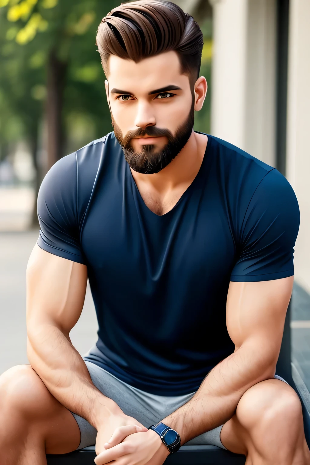 IMAGE_TYPE: Fashion mockup | GENRE: Lifestyle | EMOTION: Confident | SCENE: A serene afternoon shot
[A fit man with a well-groomed beard] sits casually on a [concrete] bench, dressed in a high-quality, tailored navy [t-shirt]. The [t-shirt's texture] is intricately detailed and life-like, showcasing every fiber and stitch. The sunlight filters through the scene, casting delicate shadows on his toned arms and illuminating his confident expression.
| ACTORS: [Fit man with beard] | LOCATION TYPE: [ Urban ] | CAMERA