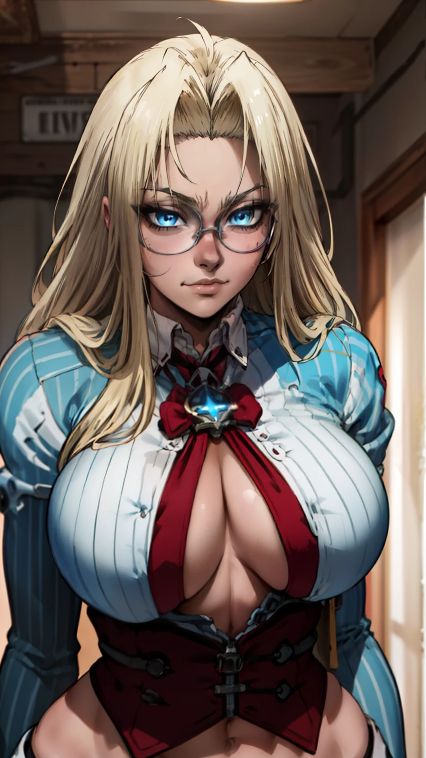 (masterpiece, highest quality, best quality, official art, beautiful and aesthetic: 1.2), (1girl), extremely detailed, (fractal art: 1.3), highest detailed, perfect face, upper body, HDR, ), vivid visual effects, (dynamic stripes, luminous traces: 1.2), long blonde hair, hellsing, integra, breast focus, breasts, large breasts, bare breasts, naked, nude, boob window, sexy, wide hips, thicc figure, Detailed blue eyes, Detailed face, Detailed eyes