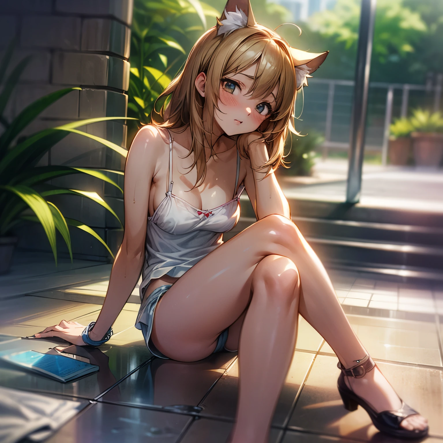 ((Masterpiece)), (Anime:1.5), ((best quality)), (RAW photo:1.2), (High Definition:1.3), (Professional Photography:1.2), (chromatic aberration), Textured skin, cinematic lighting, (()), wide shot, cat ears, pale brown hair, ((flustered)), Cute Beautiful girl, BREAK, ((best quality)), (Glossy lips), Textured skin, medium hair, unruly hair, (slightly exposed small breast), ragged camisole, ((wearing dirty white camisole)), Cute panties, Slender body, small breasts, (Cheek cane), ((Leaning on concrete walls)), botanical garden,
