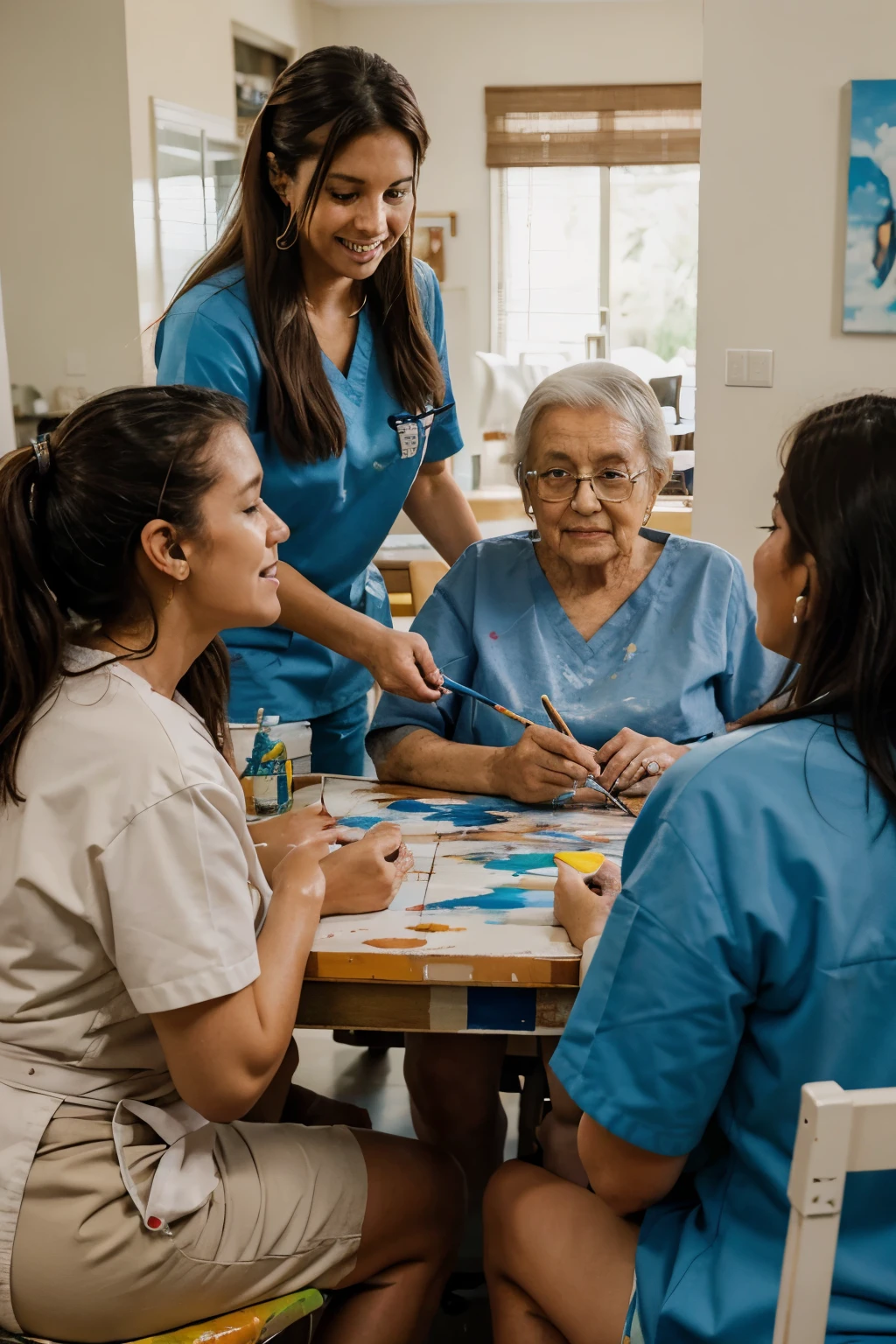 1 caregiver in scrubs painting on a canvas at a table with 2 elderly patients, inside the living room of a home, everyone is laughing