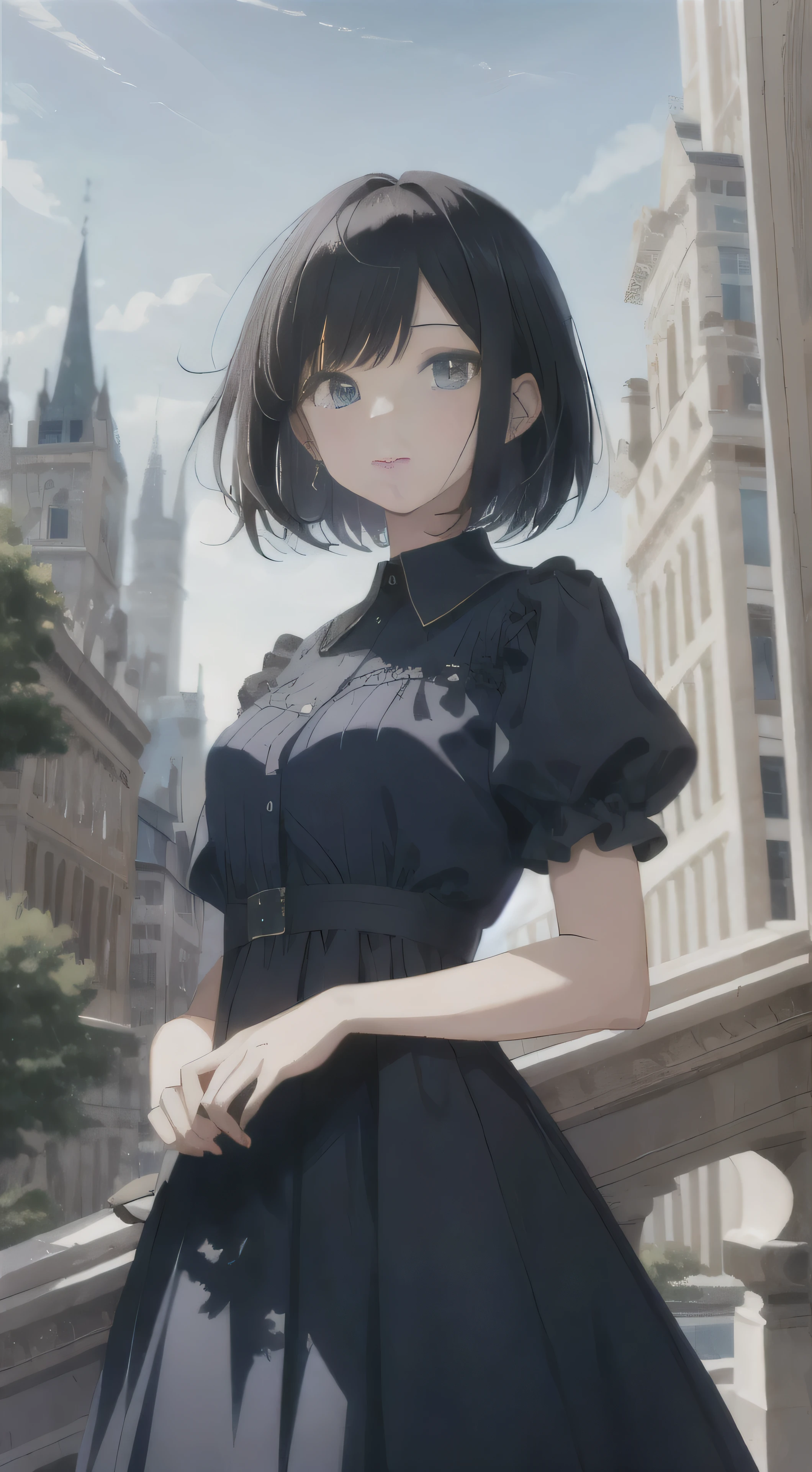 In this extraordinary masterpiece of anime, we are presented with a mesmerizing scene featuring a young girl with short black hair and charming bangs. The vivid blue sky serves as a breathtaking backdrop, perfectly accentuating the beauty of the girl's surroundings. As she stands alone, dressed in a lovely dress with short sleeves, her gaze captivates the viewer, inviting them to explore the enchanting cityscape before them. The city comes to life with its towering skyscrapers, elegant bridges, and impressive buildings, creating a bustling metropolis that harmoniously coexists with nature. A majestic castle can be seen in the distance, adding a touch of grandeur to the already exceptional scenery. The river flowing gracefully through the town reflects the radiant sunlight, creating