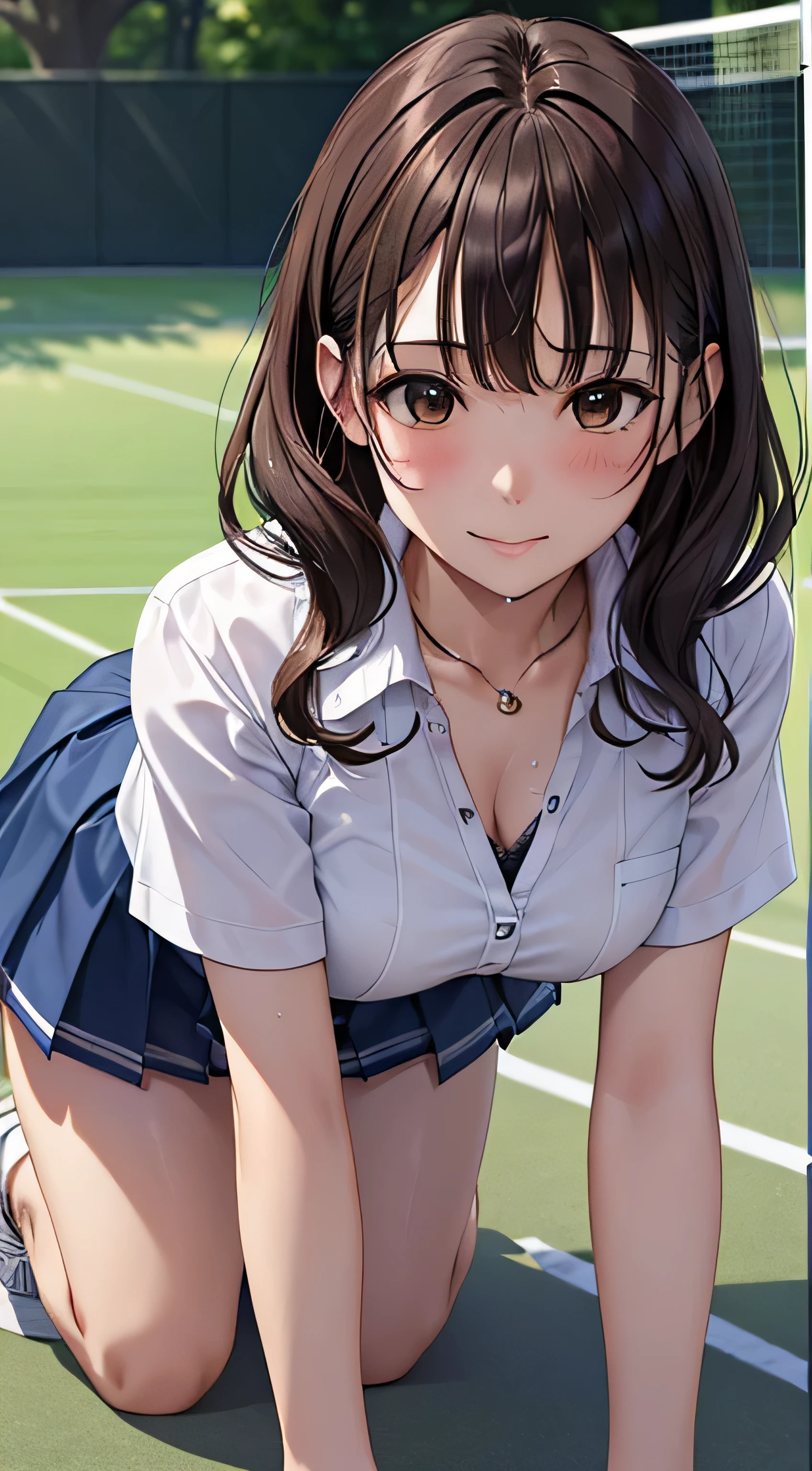 ((table top, highest quality, High resolution, nffsw, perfect pixel,  4k, nffsw, nffsw))), 1 girl, single, alone, Beautiful woman、I could see the whole body、 ((short wavy hair, bangs, brown hair)), ((brown eyes, beautiful eyelashes, realistic eyes)), ((detailed face, blush:1.2)), ((smooth texture:0.75, realistic texture:0.65, realistic:1.1, Anime CG style)), medium breasts, dynamic angle, perfect body,  ((white tennis wear、White short-sleeved shirt with collar、light blue ruffle skirt、white tennis shoes、The wind flips my skirt、get down on all fours))、Tennis court、、Very embarrassing panic smile、、、sheer bra、my chest is wet、cover your chest with both hands