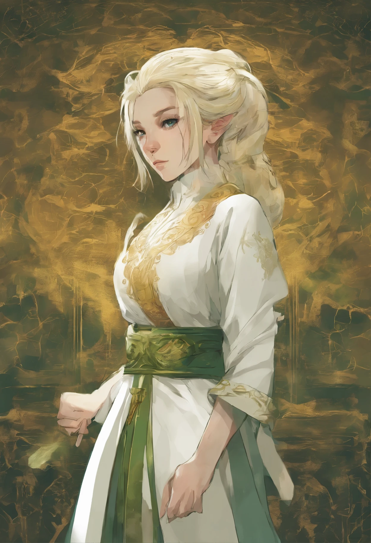 Shy, gutaussehender Mann in Keramikkleidung mit blondem langem Haar, green white golden robe 