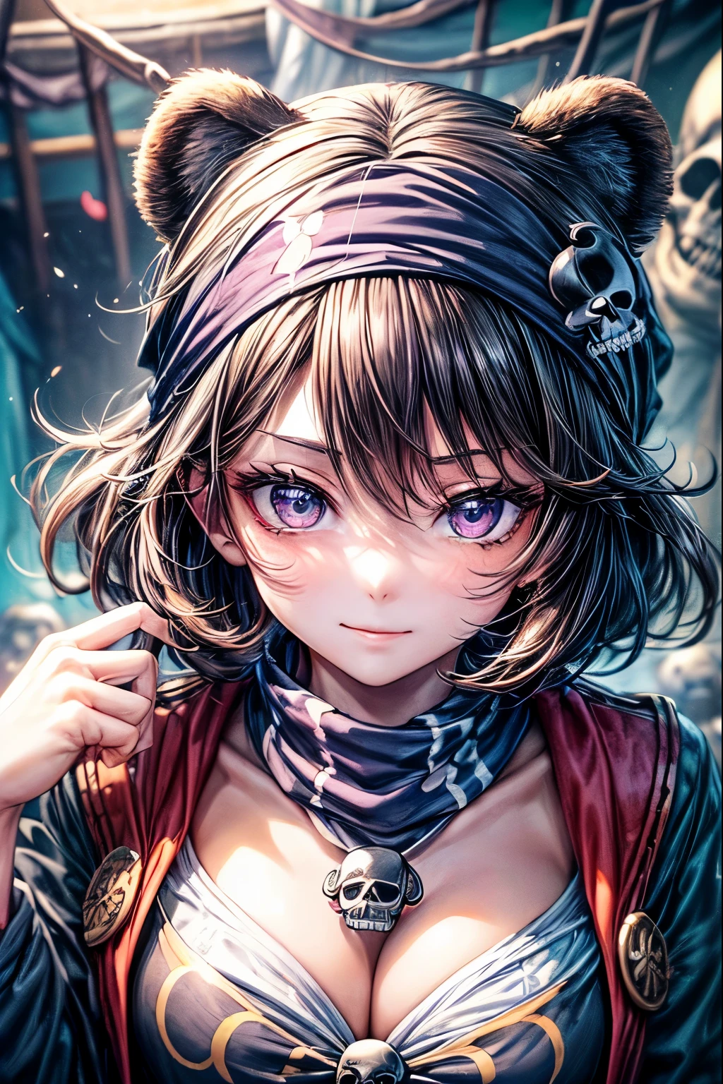 ((worst quality, low quality)), (close:1.3), (face focus:1.4), ((Kemono-eared girl with Asiatic black bear ears:1.3)), ((black hair berry berry short:1.4)), plump and glossy lips, (beautiful purple eyes:1.3), spoken heart, alone, ((☠Bandana with ️ drawn on it:1.5)), best smile, (perfect hands:1.5), (pirateの服装:1.2), pirate, cute pose, (particles of light, shine of light:1.4), pirate船, ((☠️の描かれたpirate船の背景:1.5)), pieces fly, highest quality, Super detailed,