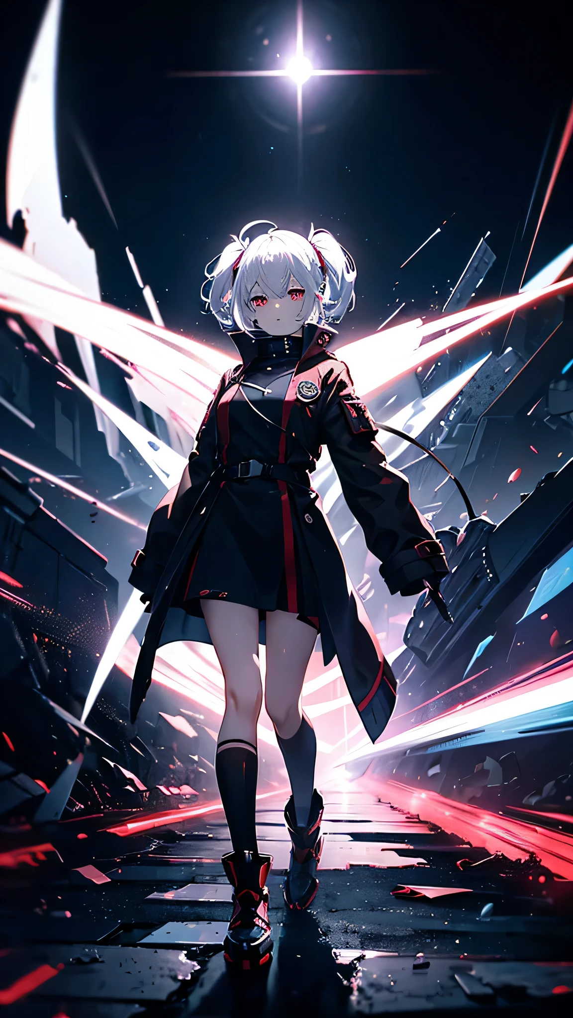 One with gray hair, young wick, rose red eyes, hands in pockets, Technical black trench coat, Star pattern embroidered on the back of the garment, Turn your back to the character,looking at the planet in the sky, long range wide angle, Super clear texture, dark sky, wasteland, only one person, empty background, star shaped pupils, Futurism, Japanese cartoons, movie lighting, glowing light