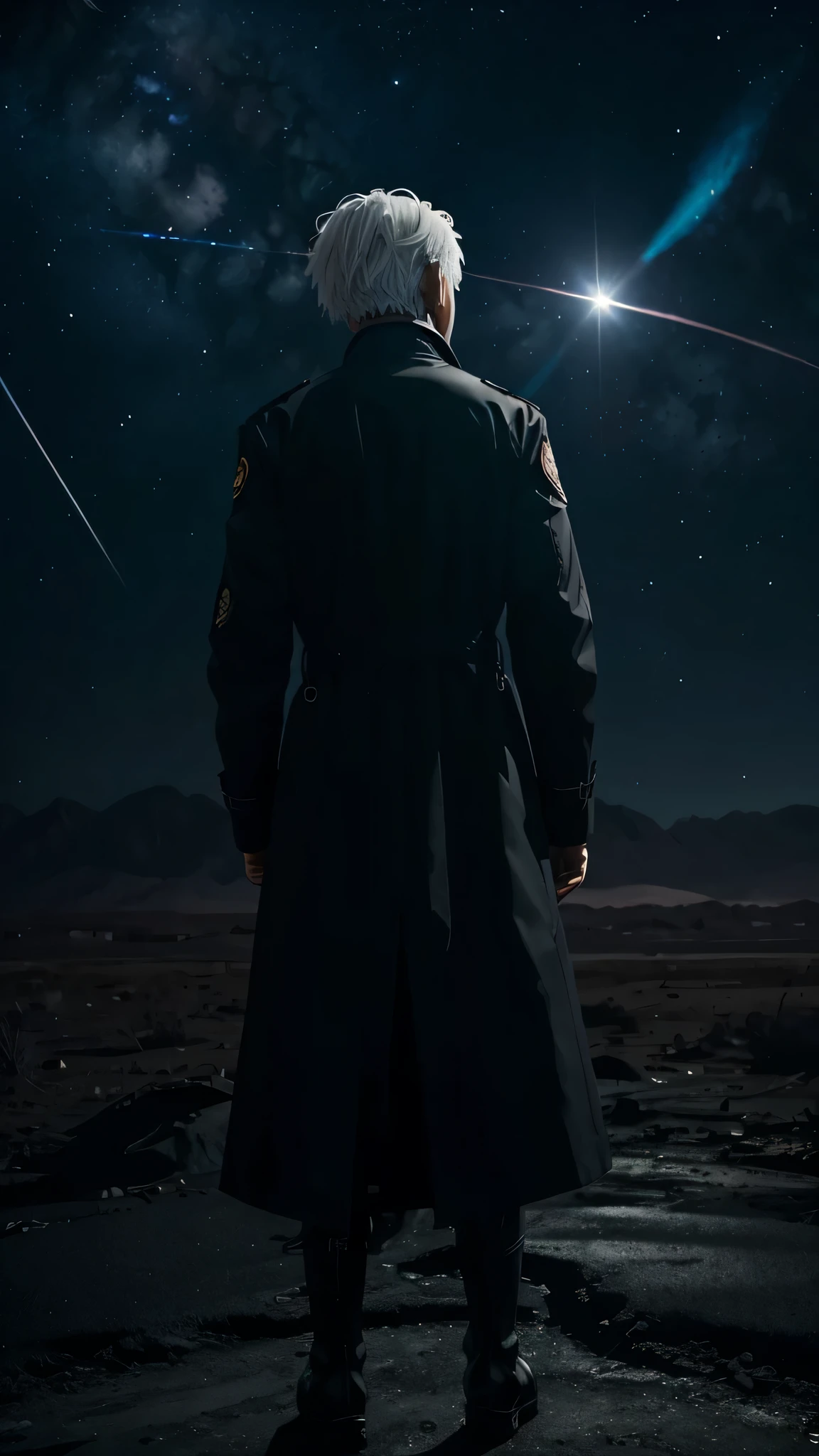 One with gray hair, young wick, rose red eyes, hands in pockets, Technical black trench coat, Star pattern embroidered on the back of the garment, Turn your back to the character，looking at the planet in the sky, long range wide angle, Super clear texture, dark sky, wasteland, only one person, empty background, star shaped pupils, Futurism, Japanese cartoons, movie lighting, glowing light