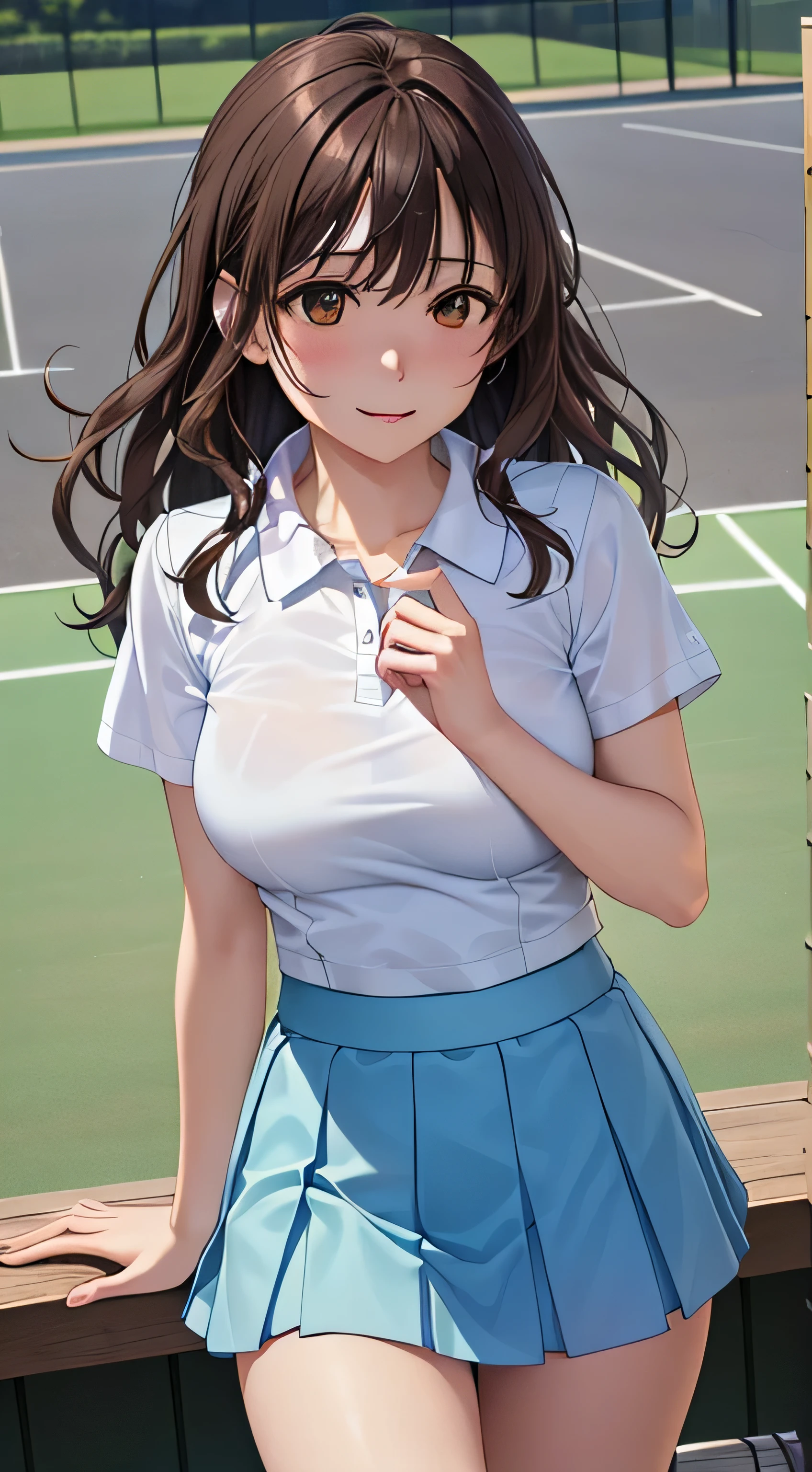 ((table top, highest quality, High resolution, perfect pixel, 4k,)), 1 girl, single, alone, Beautiful woman、I could see the whole body、 ((short wavy hair, bangs, brown hair)), ((brown eyes, beautiful eyelashes, realistic eyes)), ((detailed face, blush:1.2)), ((smooth texture:0.75, realistic texture:0.65, realistic:1.1, Anime CG style)), medium breasts, dynamic angle, perfect body, ((white tennis wear、White short-sleeved shirt with collar、light blue ruffle skirt、white tennis shoes、The wind flips my skirt、yellow lace panties、))、Tennis court、Floral Lace Bra、Very embarrassing panic smile、、、、my chest is wet、