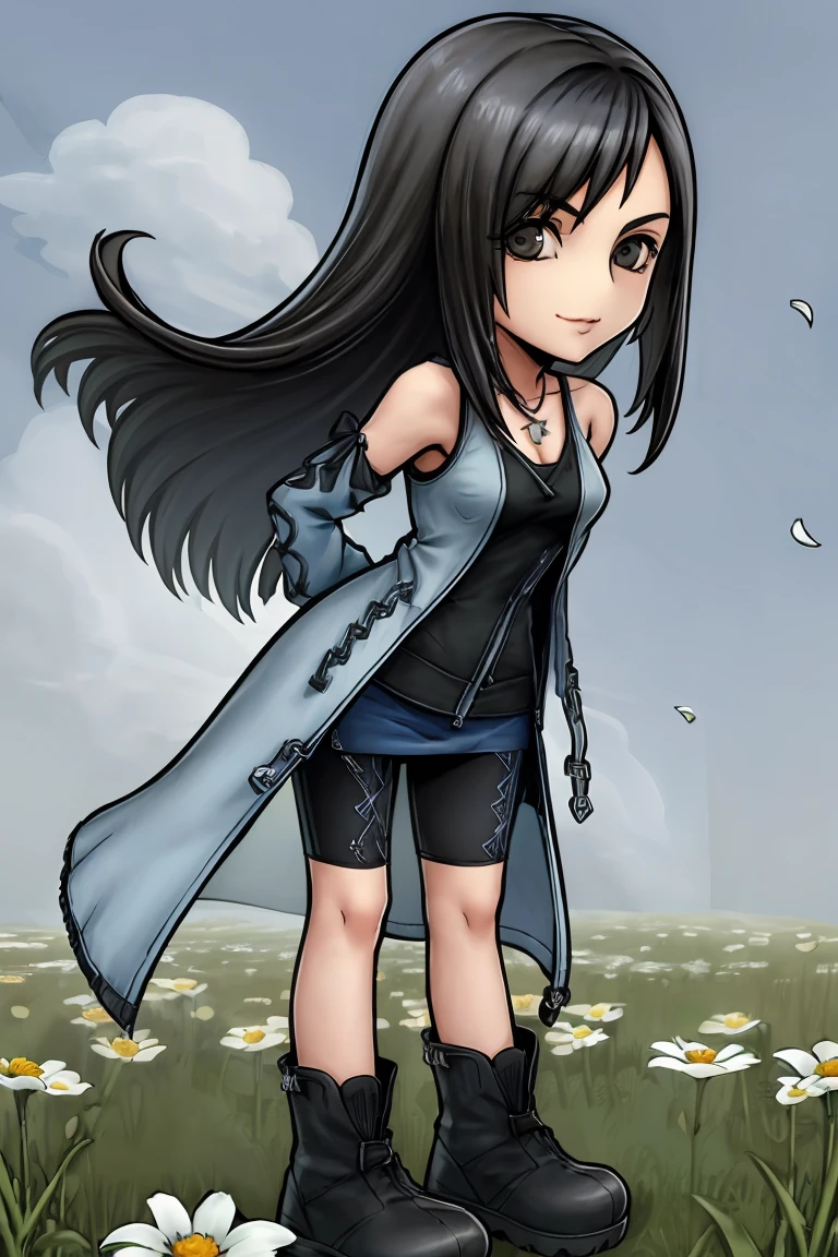 dissidia, 1boy, solo, male focus, brown hair, blue eyes, gloves, full body, jacket, scar, belt, black gloves, fur collar, necklace, cropped jacket, boots, over shoulder,warzone, orange sky,outdoors, hand on hip, multiple belts, earrings, black jacket, shirt, white t-shirt, black footwear, serious, frown, looking at viewer,long pants, (best quality, masterpiece)