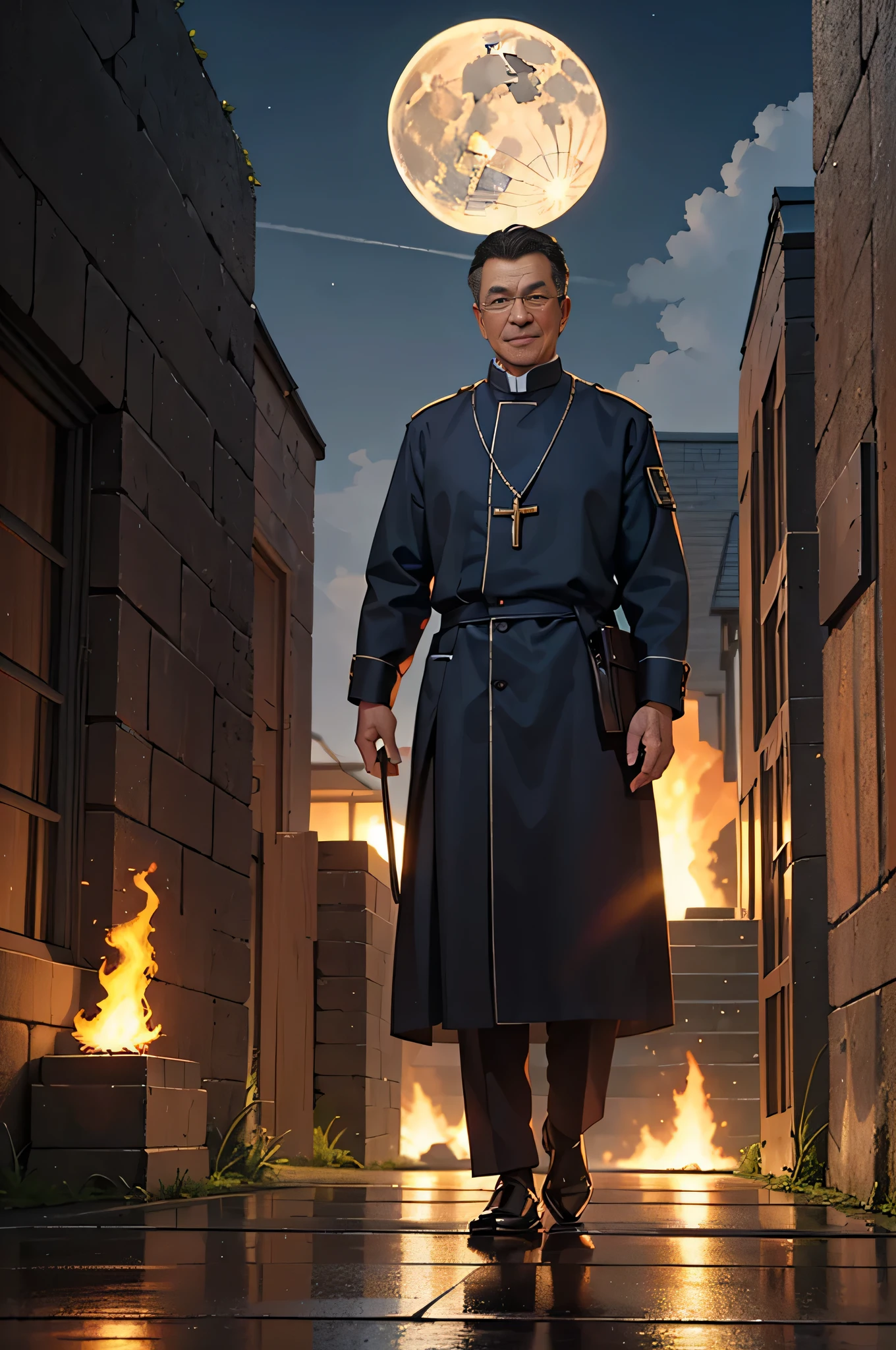 An old priest who watches over the holy city, thats combustion, There&#39;s a lot of fire and flame, that&#39;night, dark, fog, full moon, close up of face, 1600s,((black hair,evil smile)),black hair,whole body,((whole body)),