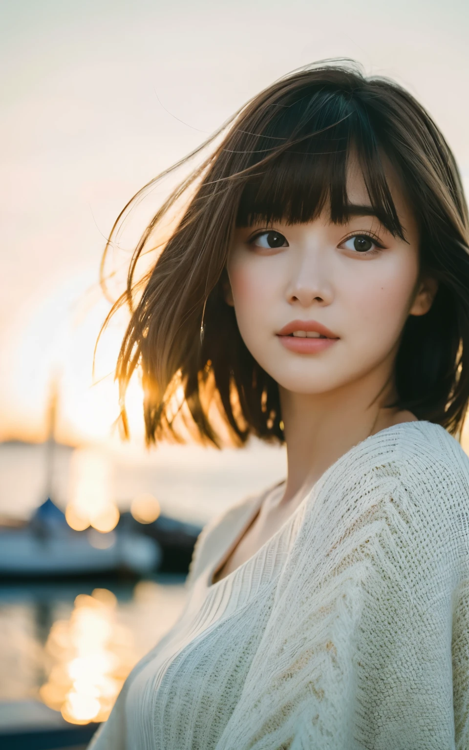 masterpiece, highest quality, 8k, 1 girl, Yacht harbor at sunset, 18, medium breasts, mouth is slightly open, cute, alone, sad, Clothes that look good in autumn, cute, Girly, delicate girl, pure beauty, RAW photo, professional photography, portrait, soft light, professional lighting, Backlight, Upper body, see the beholder, Sophisticated, film grain, (Eye and face details:1.0), short hair swaying in the wind, beautiful flowing brown hair, bangs, long eyes,