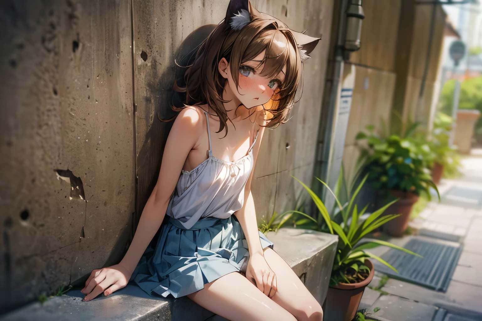 ((Masterpiece)), (Anime:1.5), ((best quality)), (RAW photo:1.2), (High Definition:1.3), (Professional Photography:1.2), (chromatic aberration), Textured skin, cinematic lighting, (()), wide shot, cat ears, pale brown hair, ((flustered)), Cute Beautiful girl, BREAK, ((best quality)), (Glossy lips), Textured skin, medium hair, unruly hair, (slightly exposed small breast), ragged camisole, ((wearing dirty white camisole)), Cute skirt, Slender body, small breasts, (Cheek cane), ((Leaning on concrete walls)), botanical garden,