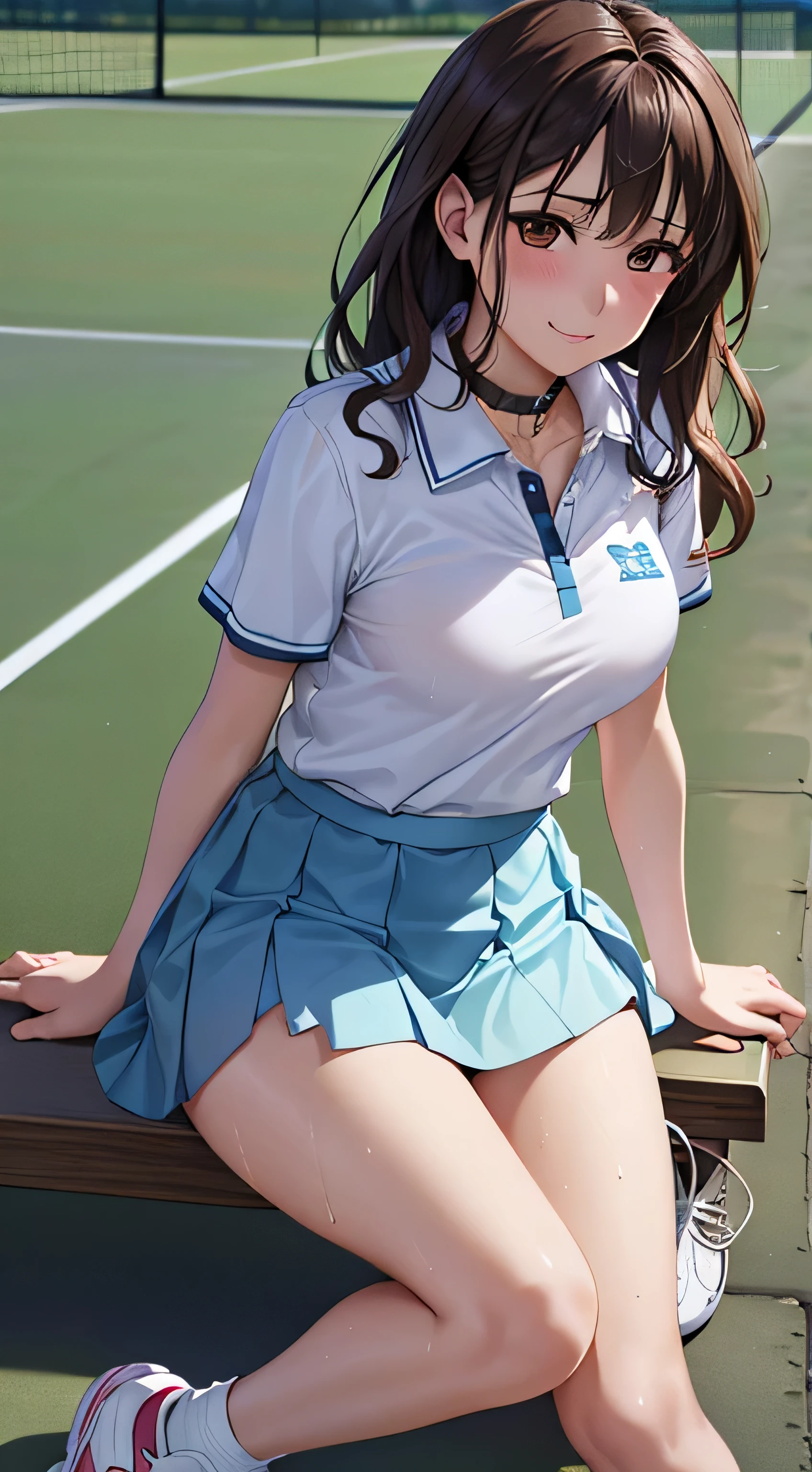 ((table top, highest quality, High resolution, perfect pixel,  4k,)), 1 girl, single, alone, Beautiful woman、I could see the whole body、 ((short wavy hair, bangs, brown hair)), ((brown eyes, beautiful eyelashes, realistic eyes)), ((detailed face, blush:1.2)), ((smooth texture:0.75, realistic texture:0.65, realistic:1.1, Anime CG style)), medium breasts, dynamic angle, perfect body,  ((white tennis wear、White short-sleeved shirt with collar、light blue ruffle skirt、white tennis shoes、The wind flips my skirt、floral lace panties、No bra))、Tennis court、、Very embarrassing panic smile、、、、my chest is wet、