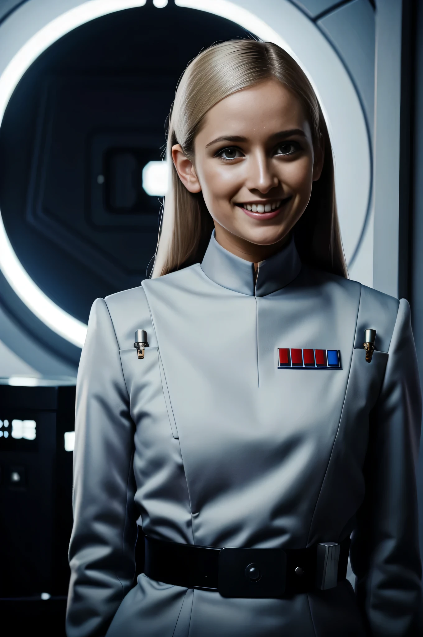 Young woman with long hair in imperial officer uniform smiling ,in an interrogation room, 8k uhd, dslr, Sanfte Beleuchtung, good quality, Filmkorn,Masterpiece quality,Fujifilm 