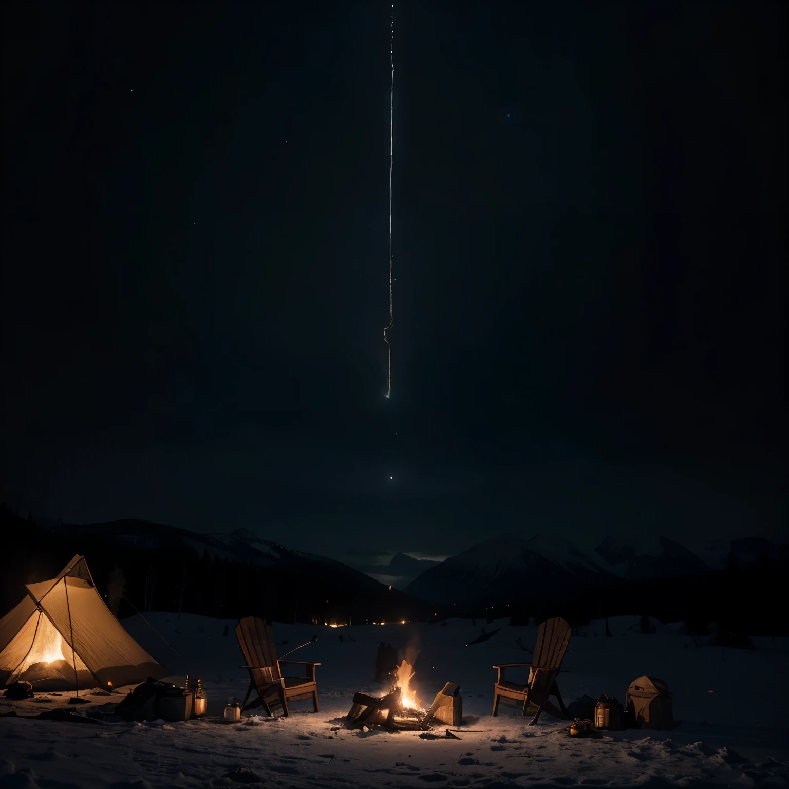In this ultra-realistic representation, the scene unfolds in the heart of the Ural Mountains, loin de toute civilisation. A dark and oppressive night reigns, illuminée par la lueur sinistre d'une lune rougeoyante suspendue dans le ciel obscurci. Cette lueur donne à la scène une atmosphère mystérieuse et inquiétante.

In the center of this darkness, a torn tent is lit by this glowing glow, revealing its devastated interior. Les lambeaux de toile déchiquetée pendent comme des serpents, exposing a terrifying chaos within. Des restes de vêtements jonchent le sol autour de la tente, tandis que des paires de chaussures abandonnées semblent avoir été jetées à la hâte près de l'entrée.

Next to the tent, a dying campfire creates a flickering glow, projetant des ombres fantomatiques sur la neige environnante. Le silence oppressant de la nuit est seulement perturbé par le murmure du vent glacial, ajoutant à l'atmosphère de mystère qui imprègne cet endroit isolé.

Dans ce tableau troublant, la lune rouge, témoin silencieux de l'incident de Dyatlov Pass, adds a touch of the supernatural to the scene, rappelant le mystère persistant entourant la disparition inexplicable de neuf alpinistes dans ces montagnes inhospitalières.