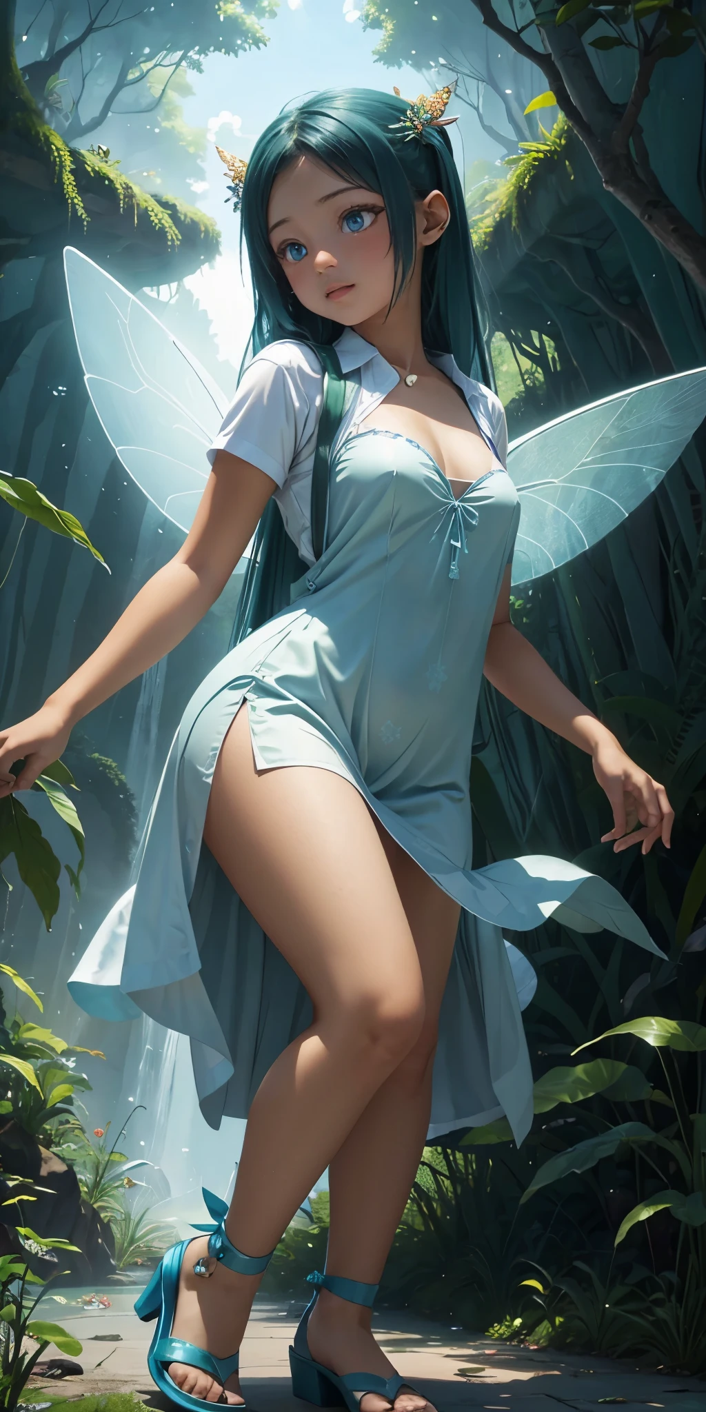 ((Masterpiece)), top quality, absurd, highly detailed, holographic, fairy girl, super beautiful asian girl with very beautiful lime blue eyes, beautiful glowing lime blue hair, long straight hair, nice and sexy body, wearing a blue dress lime,orange high heels, very beautiful and glowing fairy wings, flying in a psychedelic fairy forest with crazy mushrooms, full body