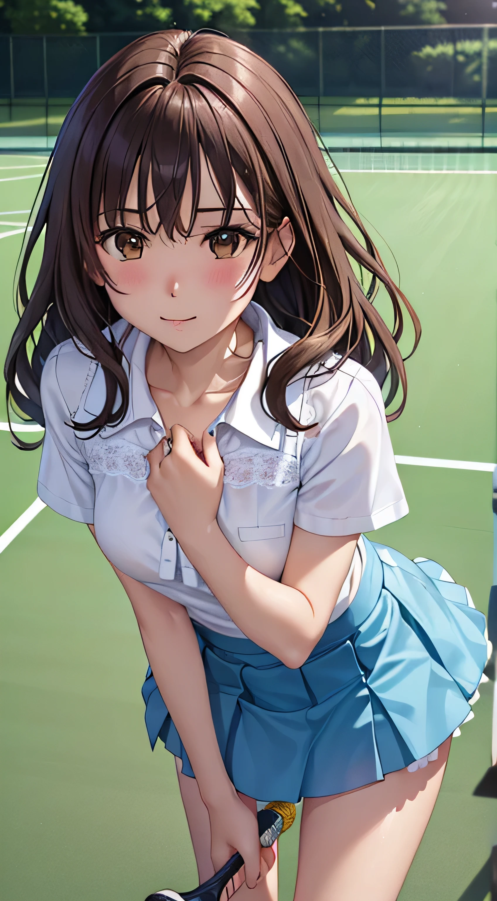 ((table top, highest quality, High resolution, perfect pixel,  4k,)), 1 girl, single, alone, Beautiful woman、I could see the whole body、 ((short wavy hair, bangs, brown hair)), ((brown eyes, beautiful eyelashes, realistic eyes)), ((detailed face, blush:1.2)), ((smooth texture:0.75, realistic texture:0.65, realistic:1.1, Anime CG style)), medium breasts, dynamic angle, perfect body,  ((white tennis wear、White short-sleeved shirt with collar、light blue ruffle skirt、white tennis shoes、The wind flips my skirt、yellow lace panties、))、Tennis court、Floral Lace Bra、Very embarrassing panic smile、、、、my chest is wet、