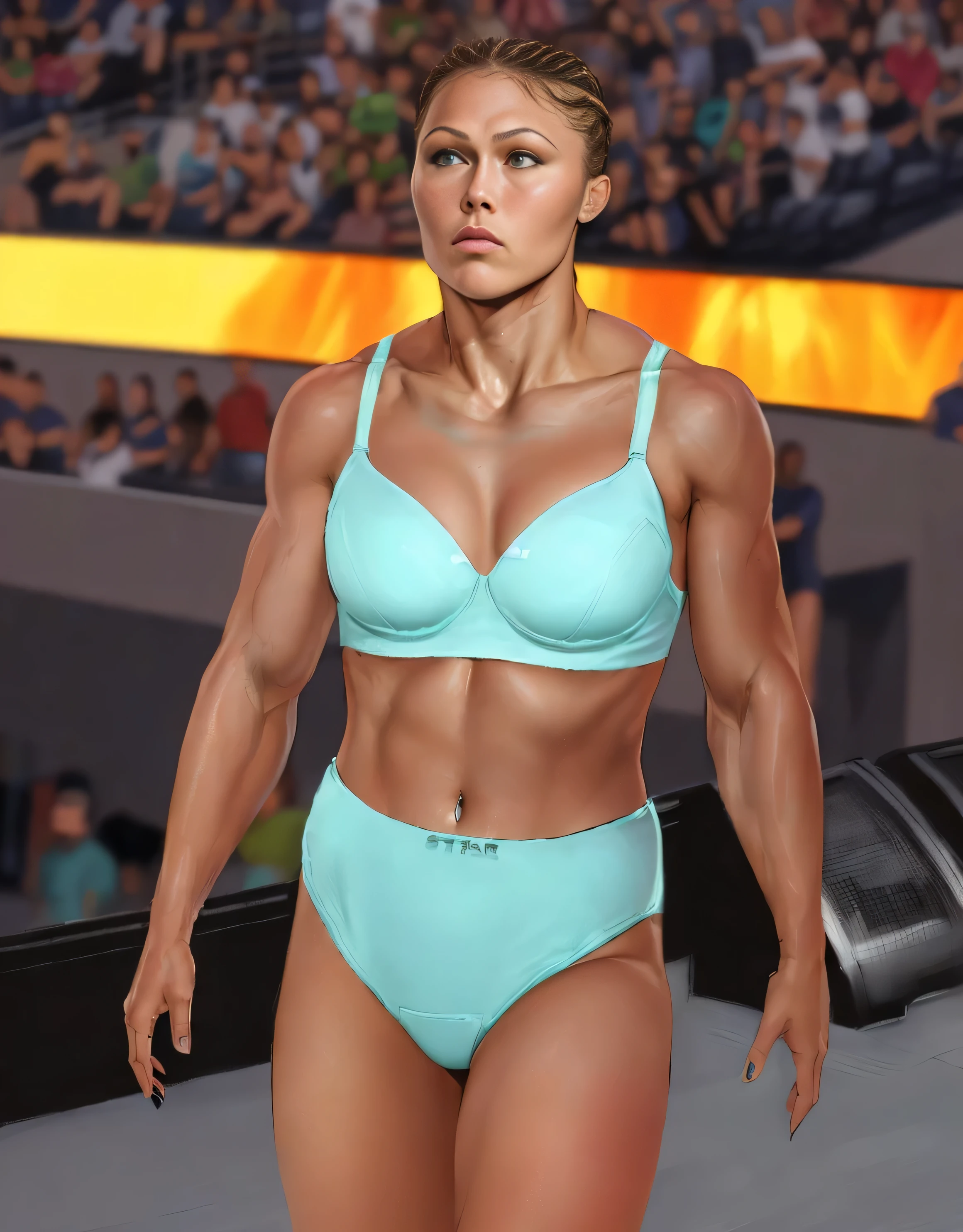 ((masterpiece, best quality)), (((Curvy))), (((Ronda Rousey))), in teal bra, ((teal high cut panties)), (((Large Hips))), (Standing in a wrestling arena), (stern expression), ((((closed mouth)))), (((realistic art style)))