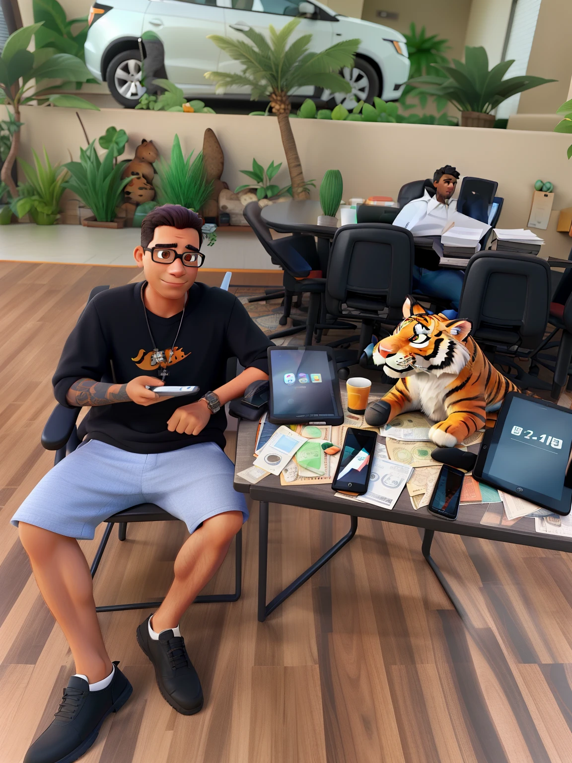 man next to a table with a stuffed tiger, tablet and money