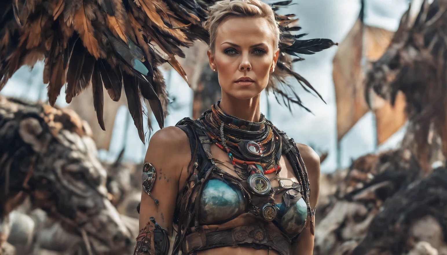 realistic, cowboy shot, (ohwx woman) cyborg, woman (Charlize Theron), hair braided in pigtails, dark makeup, colorful war painted tattoos on her neck and breasts, feathers in her hair, strong, proud, , beautiful full shot imagery, , beautiful atmosphere, a mix of ancient and futuristic atmosphere, ultra detailed, photorealistic imagery, imervive ancient background, 4k, 8k, low angle, action shot