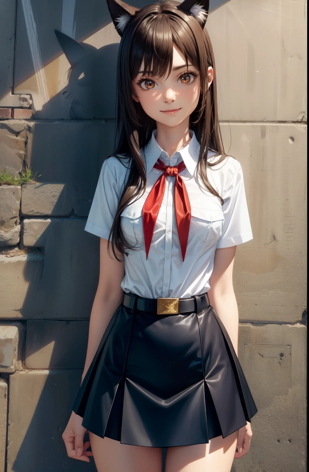 very young slim fit girl, full height, rounded face, very long disheveled dark brown hair, big brown eyes, sluty smile, perfect flat breast, band on head with fake cat ears, sashagrey, pioneer neckerchief, short tight blue pleated skirt, bangs, tight white shirt, short sleeves, collared shirt, belt, red neckerchief, breast pocket