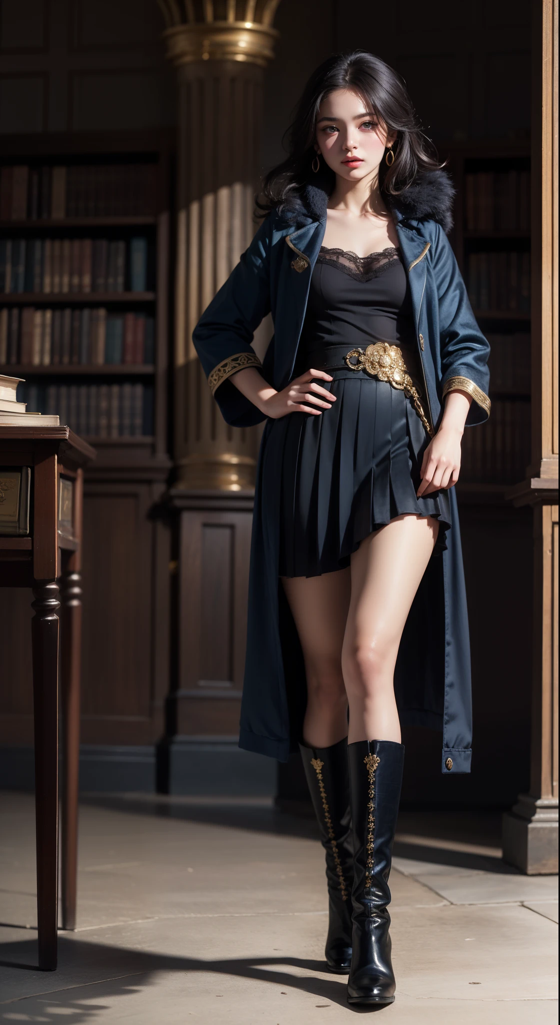 ((photorealism, high quality, detail, masterpiece, best quality:1.2)), (whole body) A young girl from a fictional European medieval aristocracy, a student of the Academy of Magic, looks at us with seductive eyes... (she stands half-turned, holding her fluffy skirt with her hands), she is dressed in a student uniform, ((dark blue)) short jacket made of fabric (velvet) ((gold trim, sleeve patch)), ((red)) checkered (lush, long) pleated skirt, black boots, (black) thick curly hair, European appearance, Magical atmosphere, medieval library, school of magic, fantasy art, this work is done in very realistic colors.She is characterized by artistic expressiveness.