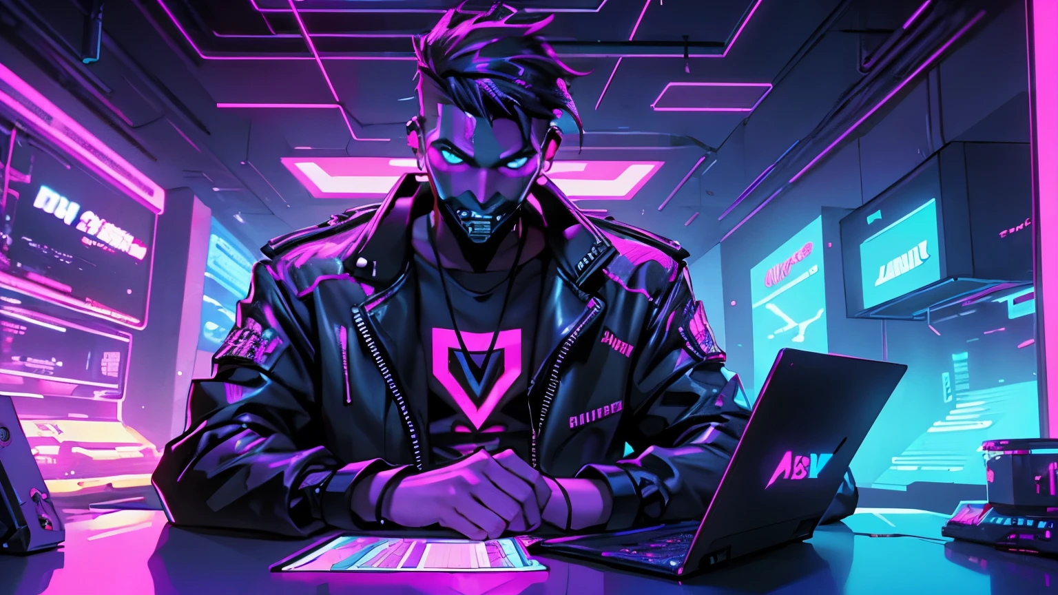 il y a un homme assis avec un masque inspiré de the purge sur une chaise pieds sur la table devant un set up de stream , Beeple inspired cyberpunk art, Instagram, Neoplasticism, cyber noir, cyber neon lights, cyberpunk ????, ( ( ( synthwave ) ) ), cyberpunk with neon lighting, neon cyberpunk, (synthwave), style artistique synthwave ]!!, ambiance cyberpunk