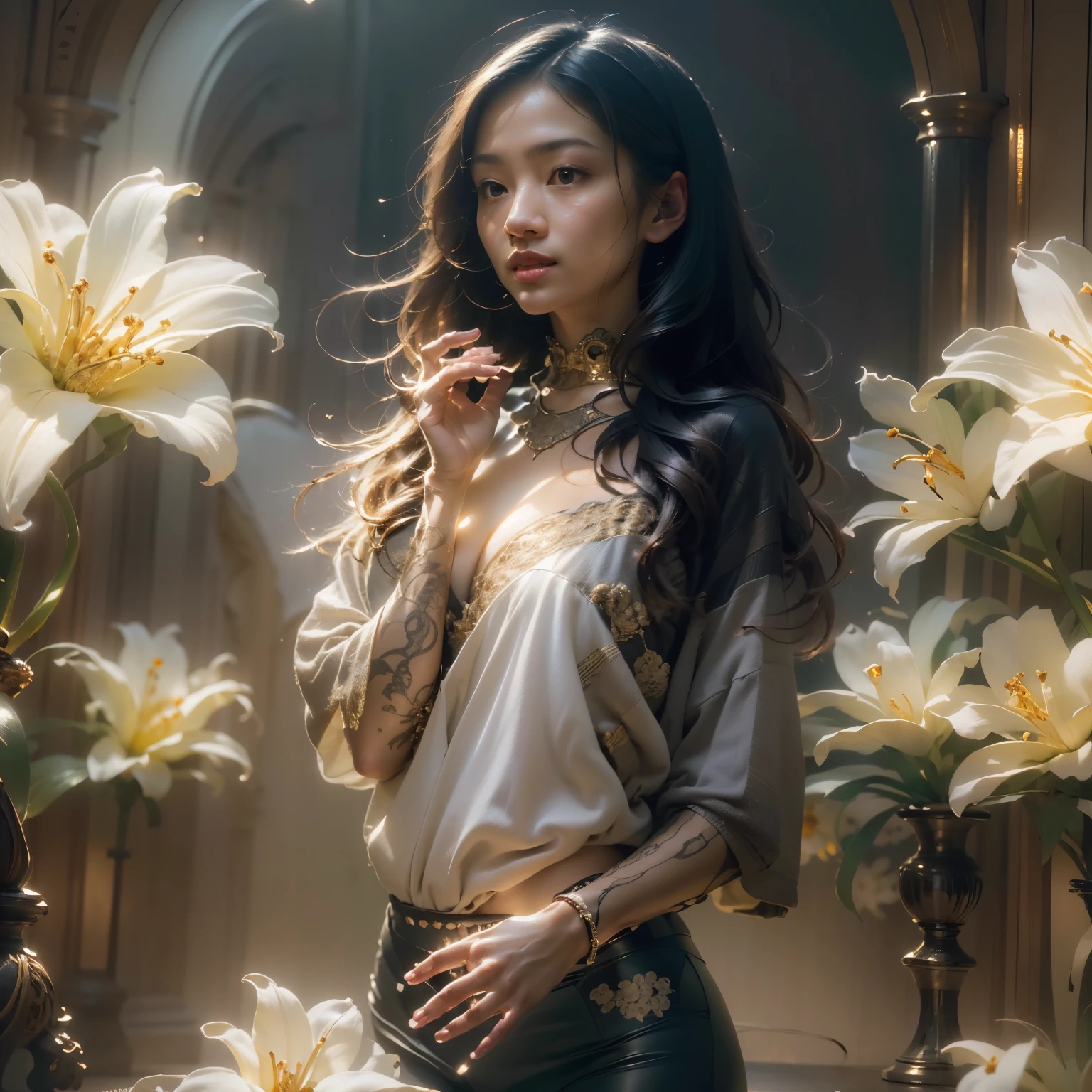 ((Masterpiece, Best quality:1.3), (ultra detail:1.3), 1 girl, One, (dark hair, shoulder-length, long hair), (elegant body, dark stylish T-shirt, beautiful hands in jewelry bracelets, tattoos), ( rock star)). ((Calm look, relaxed pose, holding a lily flower in his hand.) (standing). (Modern interior, art deco, studio room, many flowers - lilies, high ceilings)) . Best quality, (SURREALISM: 1.3)). (real flowers decorate the interior in simple glass vases on the floor), (the flowers look amazing). ((masterpiece: 1.2), (realism: 1.2), (Best quality), (special attention to character, colors, room elements: 1.3)). (Open window, exquisite design, mostly in light colors: white, blue, yellow, gold). (High light ceiling).((Realistic 3D visualization, super detail, ray tracing, flooded sunlight, contrasting shadows - cool tones, warm soft light)). Modern style (Modern), (High-Tech), (Surrealism: 1.3), Excellent, high quality. Hand-drawn realism.
