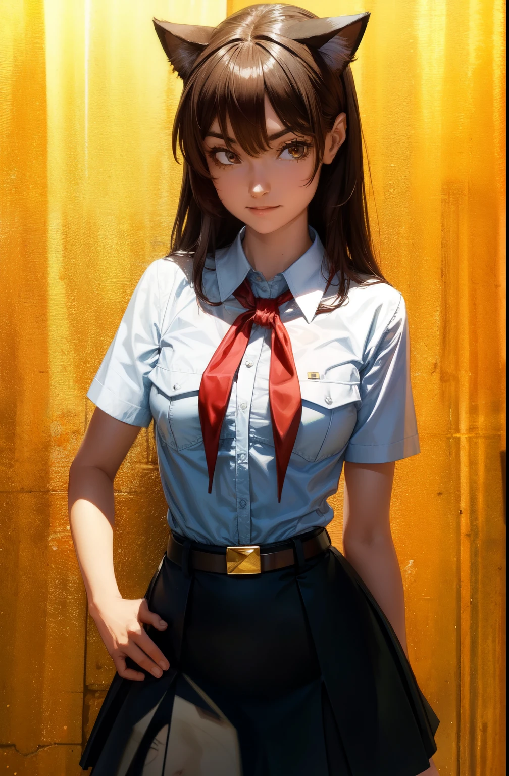 very young slim fit girl, full height, rounded face, very long disheveled dark brown hair, big brown eyes, shy smile, perfect flat breast, band on head with fake cat ears, sashagrey, pioneer neckerchief, short tight blue pleated skirt, bangs, tight white shirt, short sleeves, collared shirt, belt, red neckerchief, breast pocket