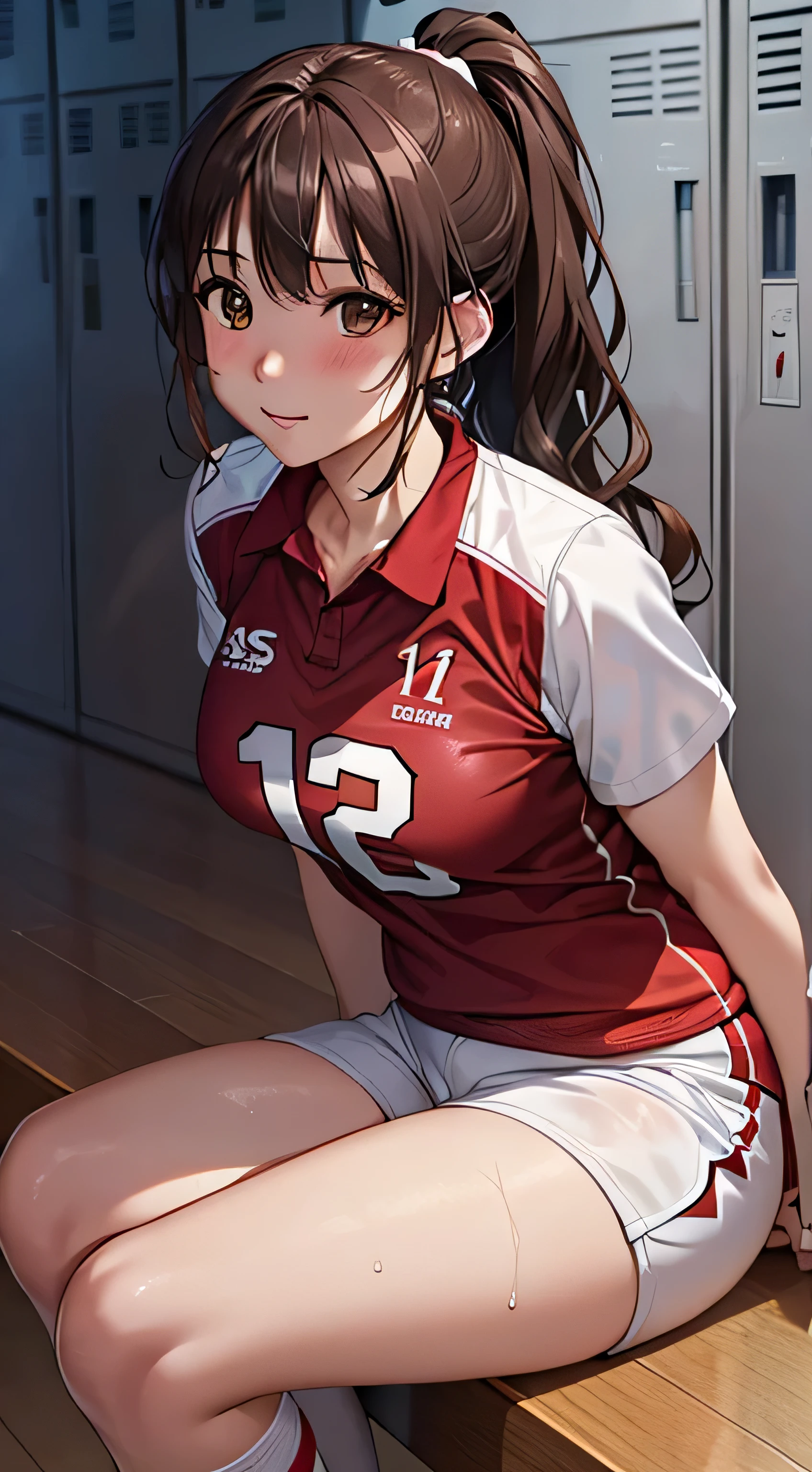 table top, highest quality, High resolution, perfect pixel, 4k,, 1 girl, single, alone, Beautiful woman、I could see the whole body、 ((ponytail、wavy hair, bangs, brown hair)), ((brown eyes, beautiful eyelashes, realistic eyes)), ((detailed face, blush:1.2)), ((smooth texture:0.75, realistic texture:0.65, realistic:1.1, Anime CG style)), medium breasts, dynamic angle, perfect body, ((sit with legs spread、Red and white volleyball uniform、Red and white short-sleeved shirt、white shorts、、、))、locker room、、Very embarrassing panic smile、upper grade、、My breasts with transparent nipples are wet、cover your chest with both hands