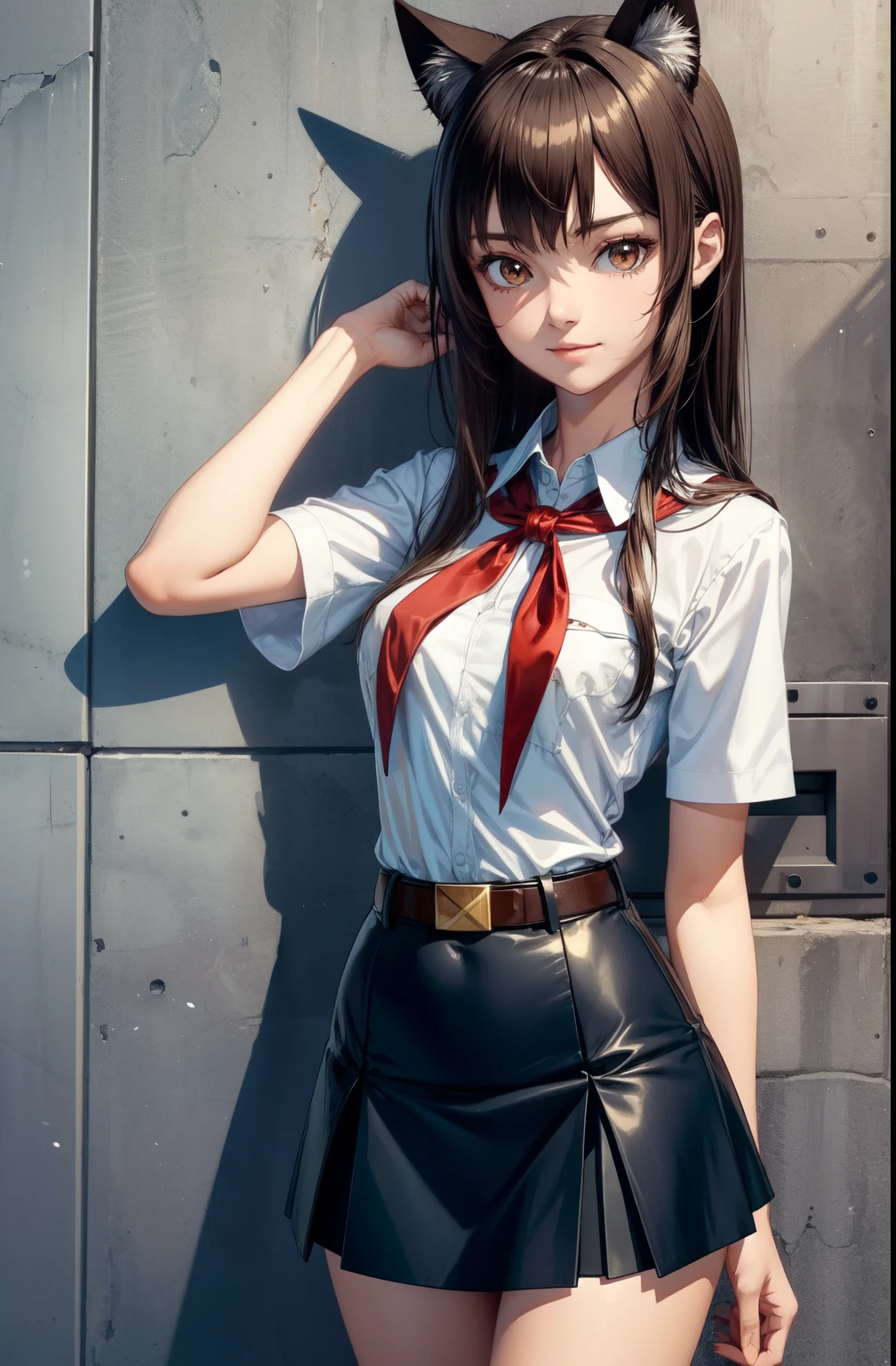 very young slim fit girl, full height, rounded face, very long disheveled dark brown hair, big brown eyes, shy smile, perfect flat breast, band on head with fake cat ears, sashagrey, pioneer neckerchief, short tight blue pleated skirt, bangs, tight white shirt, short sleeves, collared shirt, belt, red neckerchief, breast pocket