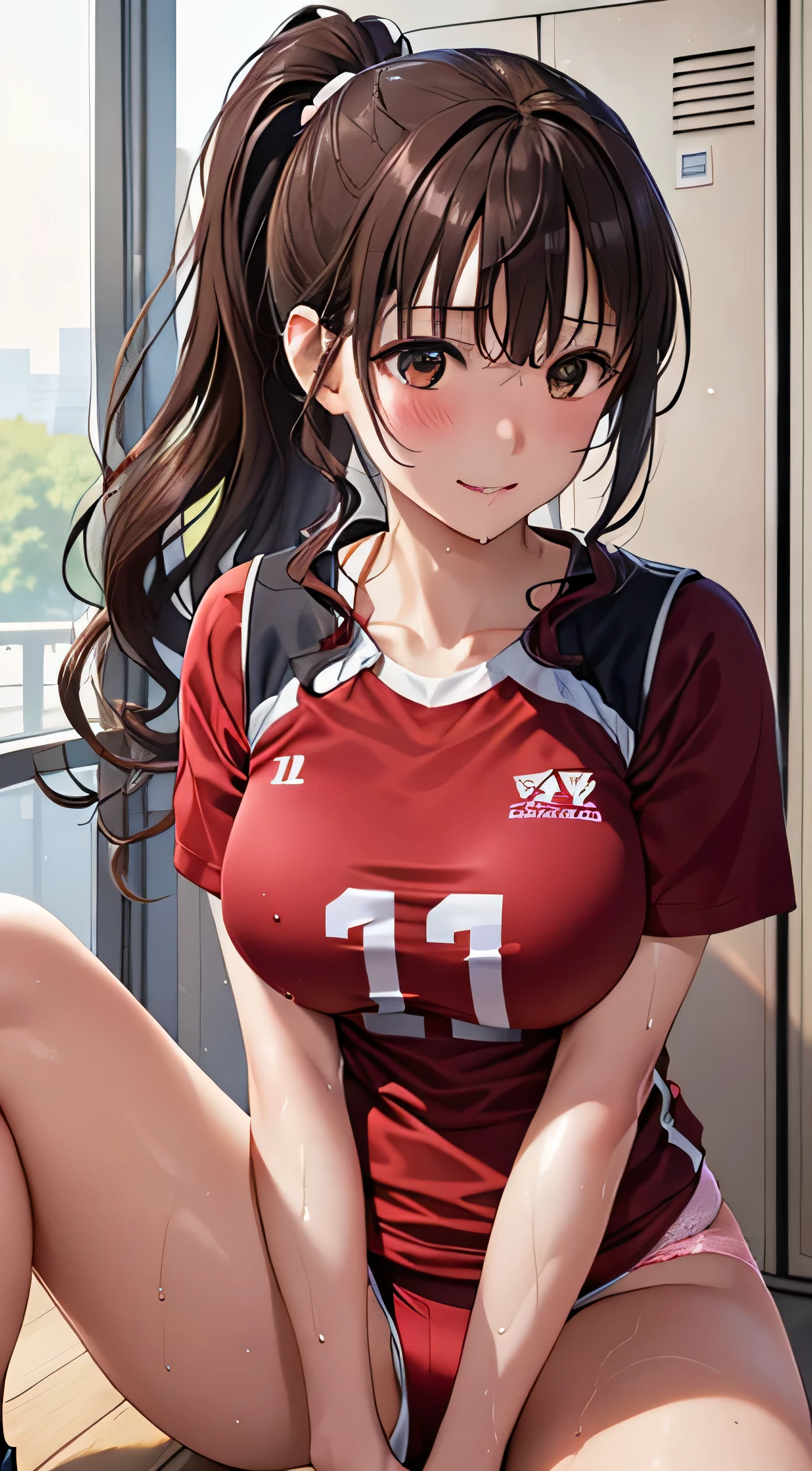 table top, highest quality, High resolution, perfect pixel, 4k,, 1 girl, single, alone, Beautiful woman、I could see the whole body、 ((ponytail、wavy hair, bangs, brown hair)), ((brown eyes, beautiful eyelashes, realistic eyes)), ((detailed face, blush:1.2)), ((smooth texture:0.75, realistic texture:0.65, realistic:1.1, Anime CG style)), medium breasts, dynamic angle, perfect body, ((sit with legs spread、Red and white volleyball uniform、Red and white short-sleeved shirt、pink lace panties、Not wearing shorts、、、、))、locker room、、Very embarrassing panic smile、upper grade、、My breasts with transparent nipples are wet、cover your chest with both hands
