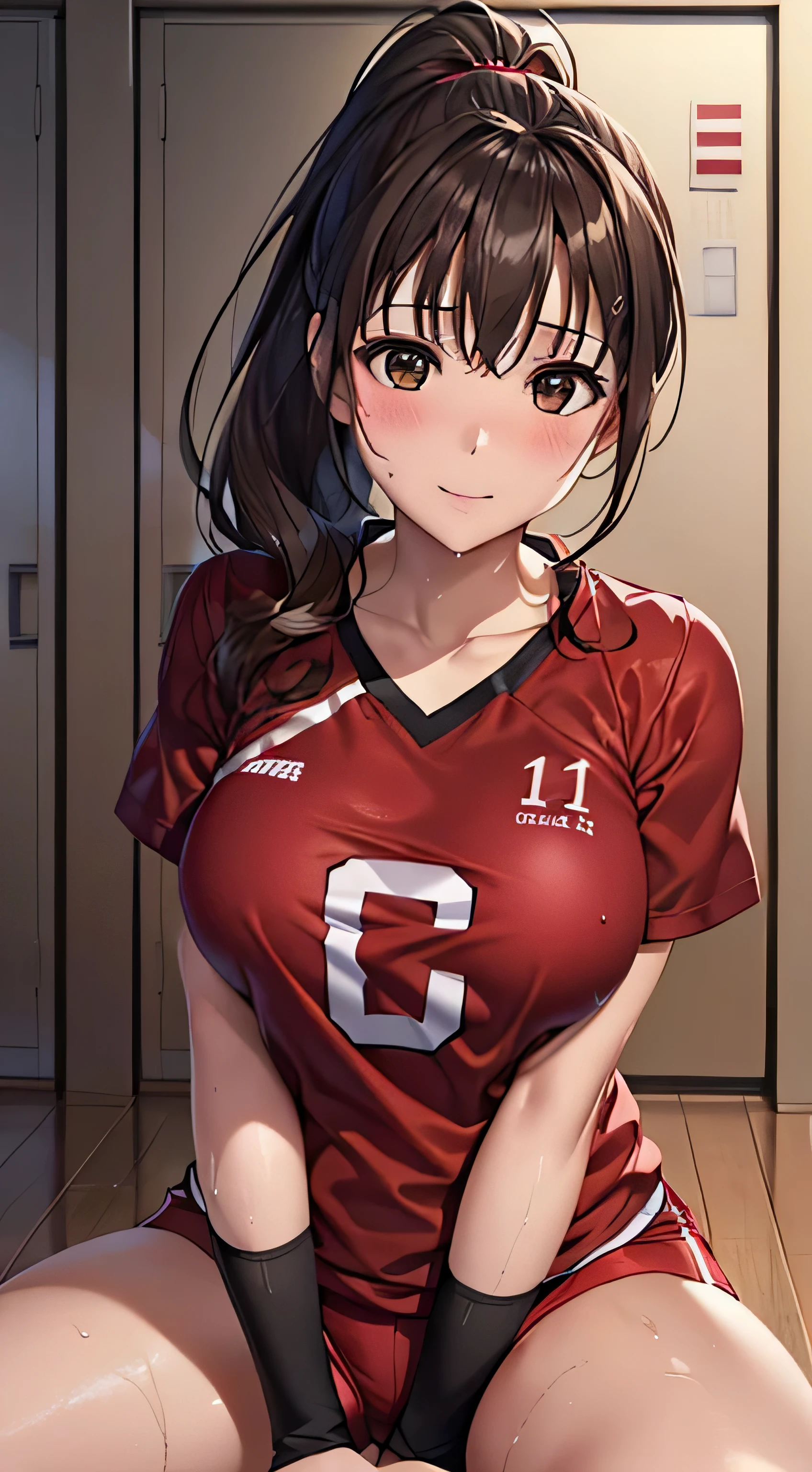 table top, highest quality, High resolution,  perfect pixel,  4k,, 1 girl, single, alone, Beautiful woman、I could see the whole body、 ((ponytail、wavy hair, bangs, brown hair)), ((brown eyes, beautiful eyelashes, realistic eyes)), ((detailed face, blush:1.2)), ((smooth texture:0.75, realistic texture:0.65, realistic:1.1, Anime CG style)), medium breasts, dynamic angle, perfect body,  ((sit with legs spread、Red and white volleyball uniform、Red and white short-sleeved shirt、pink lace panties、Not wearing shorts、、、、))、locker room、、Very embarrassing panic smile、upper grade、、My breasts with transparent nipples are wet、cover your chest with both hands