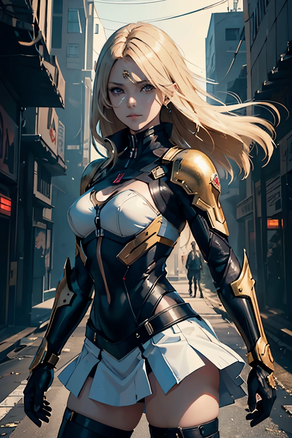 1 super hero Girl,1 Nice Girl In minimal gear Showing Her parts,Ultra Minimal white Iridescent Skirt in motion, strong Wind,Profile Back Image,Smiling At Viewer, Teasing, standing power pose, soft smile Toward Viewer, Beautiful Anime pin up Girl, Anime 90'S ,Beautiful Detailed Black Eyes,Corpse God,detailed Nice short Black Hair Woman, With Detailed Facial Features,long blond parted bangs,Corpse God,post apocalyptic cyberpunk,Anime art,High Quality,Rule Of Thirds,Golden Ratio,Beautiful And Aesthetic,HQ, Masterpiece,award winning,Da Vinci ::1 Iridescent Electric Arc Theme::1 Yoji Shinkawa::1 --V 4 -