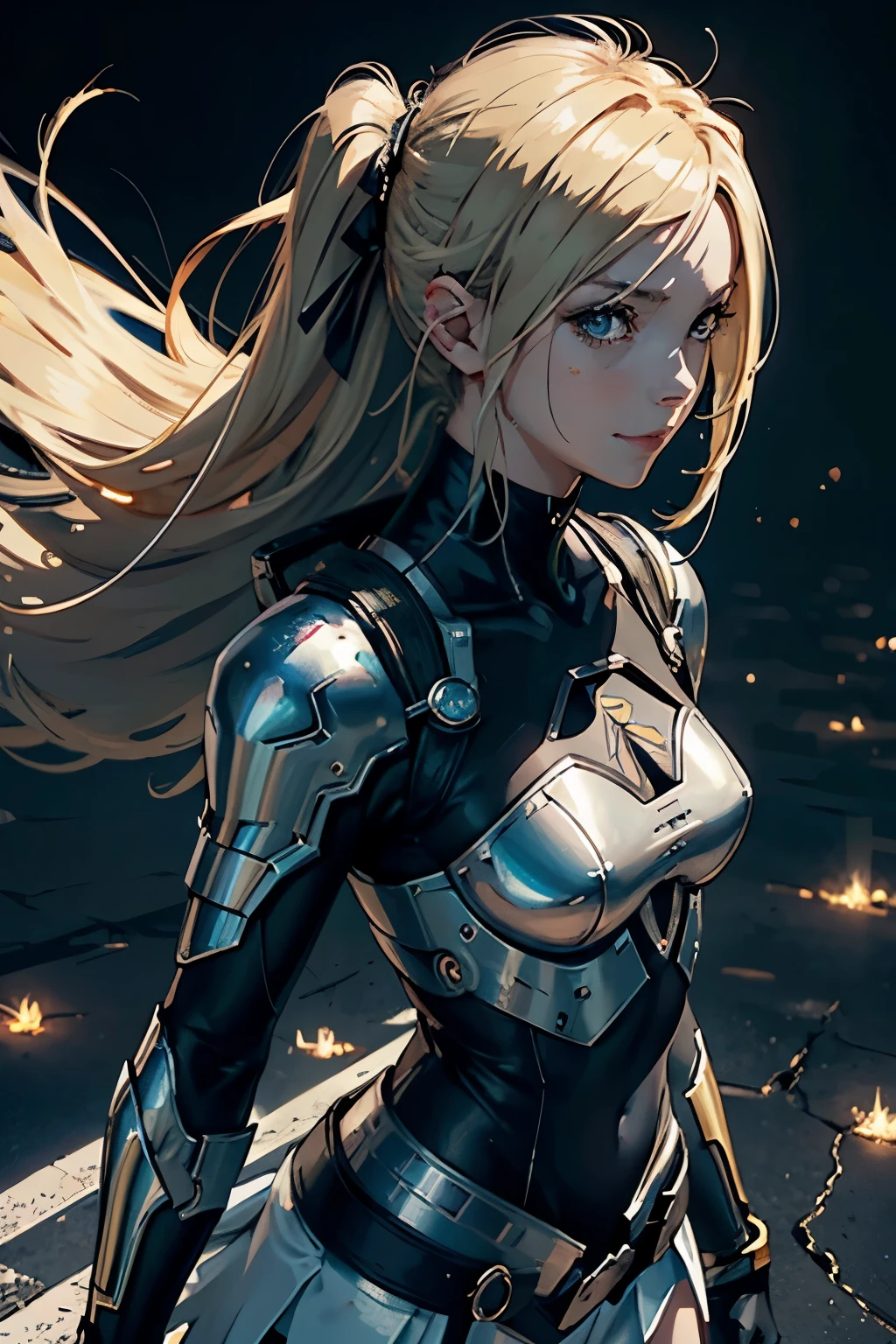 1girl, detailed skin, ultra realistic, 8k cg, picture-perfect face, flawless, clean, masterpiece, professional artwork, famous artwork, cinematic lighting, cinematic bloom, ((beautiful eyes)), intricate iris, (perfect hands:1.3), (extremely detailed background), ((dynamic background)), beautiful detailed girl, beautiful detailed nose, light on face, looking at viewer,<lora:GoodHands-beta2:1.5>, <lora:more_details:0.5>, <lora:starcraft_nova:0.95> , (starcraft_nova:1.1), blonde hair, ponytail, white body suit, skintight, shoulder armor, visor on head, headgear, cowboy shot,