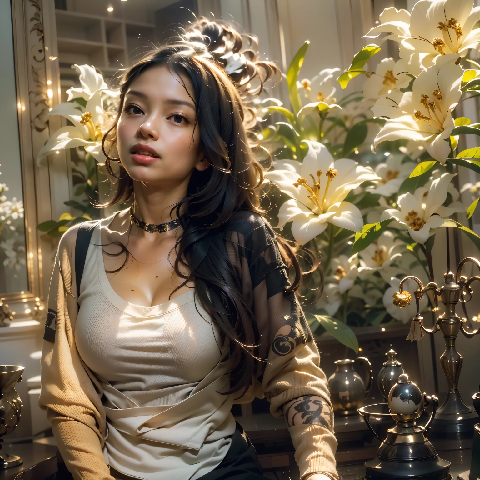 ((Masterpiece, Best quality:1.3), (ultra detail:1.3), 1 girl, One, (dark hair, shoulder-length, long hair), (elegant body, dark stylish T-shirt, beautiful hands in jewelry bracelets, tattoos), ( rock star)). ((Calm look, relaxed pose, holding a lily flower in his hand.) (standing). (Modern interior, art deco, studio room, many flowers - lilies, high ceilings)) . Best quality, (SURREALISM: 1.3)). (real flowers decorate the interior in simple glass vases on the floor), (the flowers look amazing). ((masterpiece: 1.2), (realism: 1.2), (Best quality), (special attention to character, colors, room elements: 1.3)). (Open window, exquisite design, mostly in light colors: white, blue, yellow, gold). (High light ceiling).((Realistic 3D visualization, super detail, ray tracing, flooded sunlight, contrasting shadows - cool tones, warm soft light)). Modern style (Modern), (High-Tech), (Surrealism: 1.3), Excellent, high quality. Hand-drawn realism.