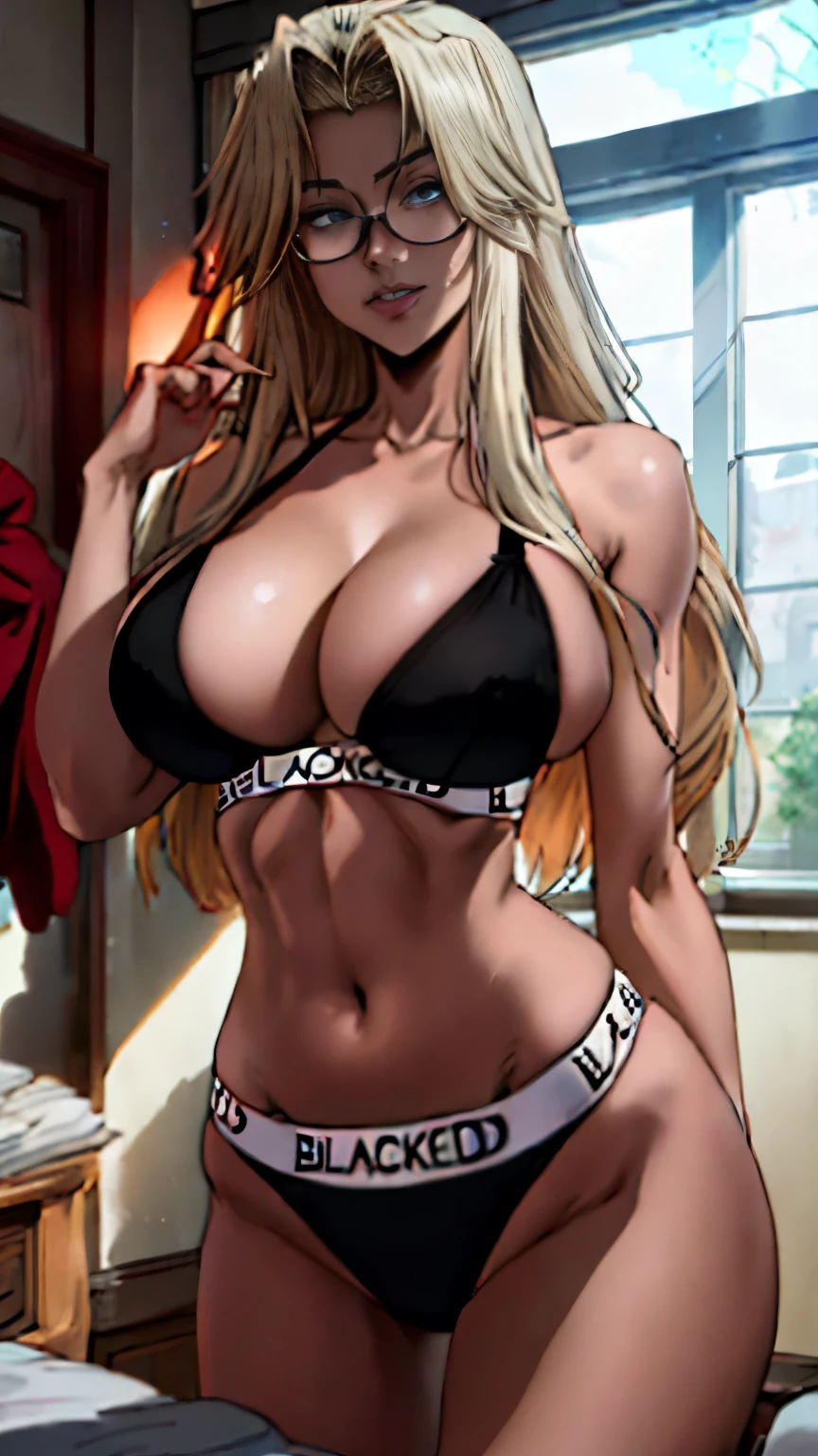 (masterpiece, highest quality, best quality, official art, beautiful and aesthetic: 1.2), (1girl), extremely detailed, (fractal art: 1.3), colorful, highest detailed, perfect face, upper body, HDR, ), vivid visual effects, (dynamic stripes, luminous traces: 1.2), long blonde hair, hellsing, integra, breast focus, breasts, large breasts, bare breasts, naked, nude, boob window, sexy, wide hips, thicc figure, Detailed blue eyes, Detailed face, Detailed eyes, BLACKED, BLACKED UNDERWEAR, BLACKED PORNO